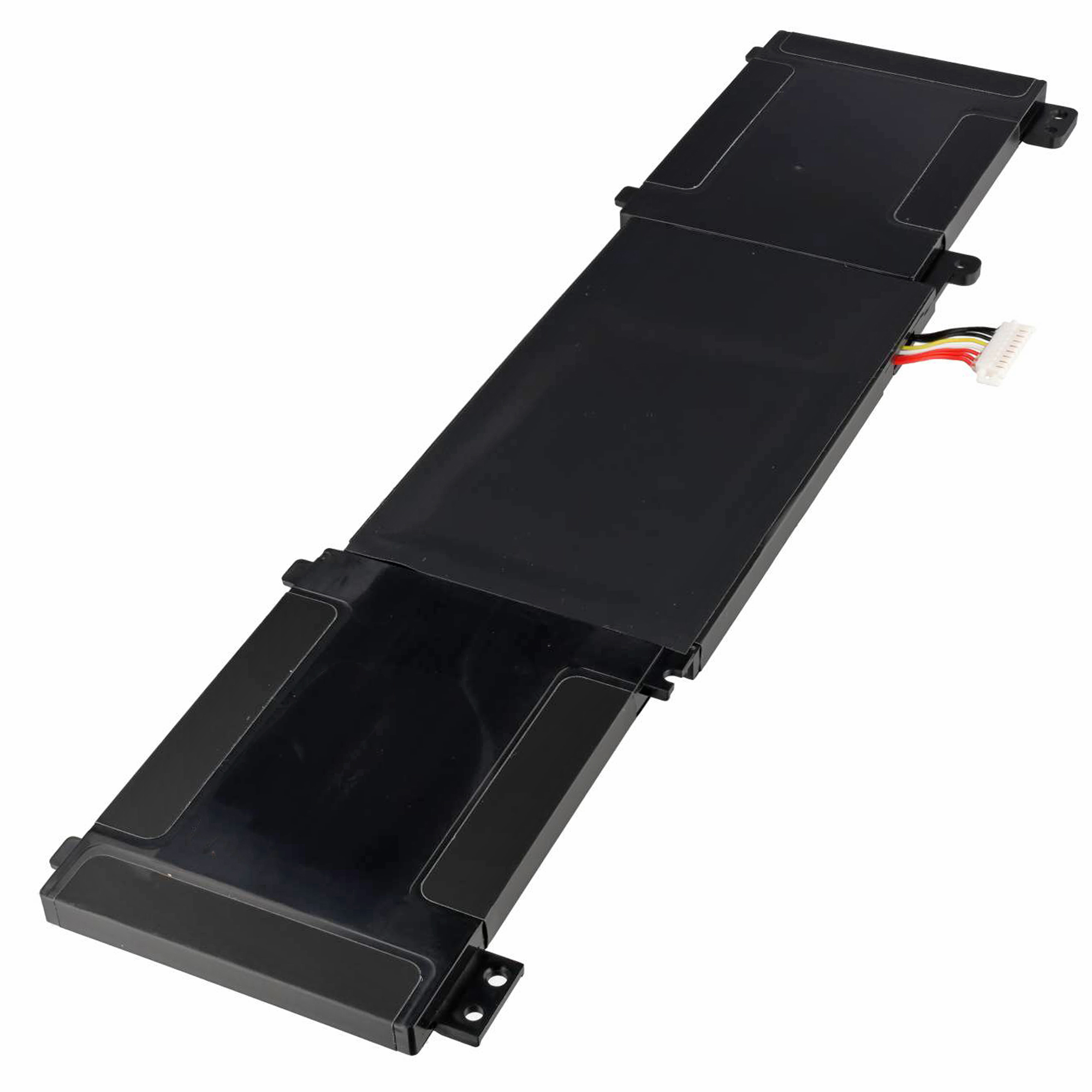 Schwarzer Laptop-Akku mit Kabeln, weißer Stecker, isoliert auf weißem Hintergrund.