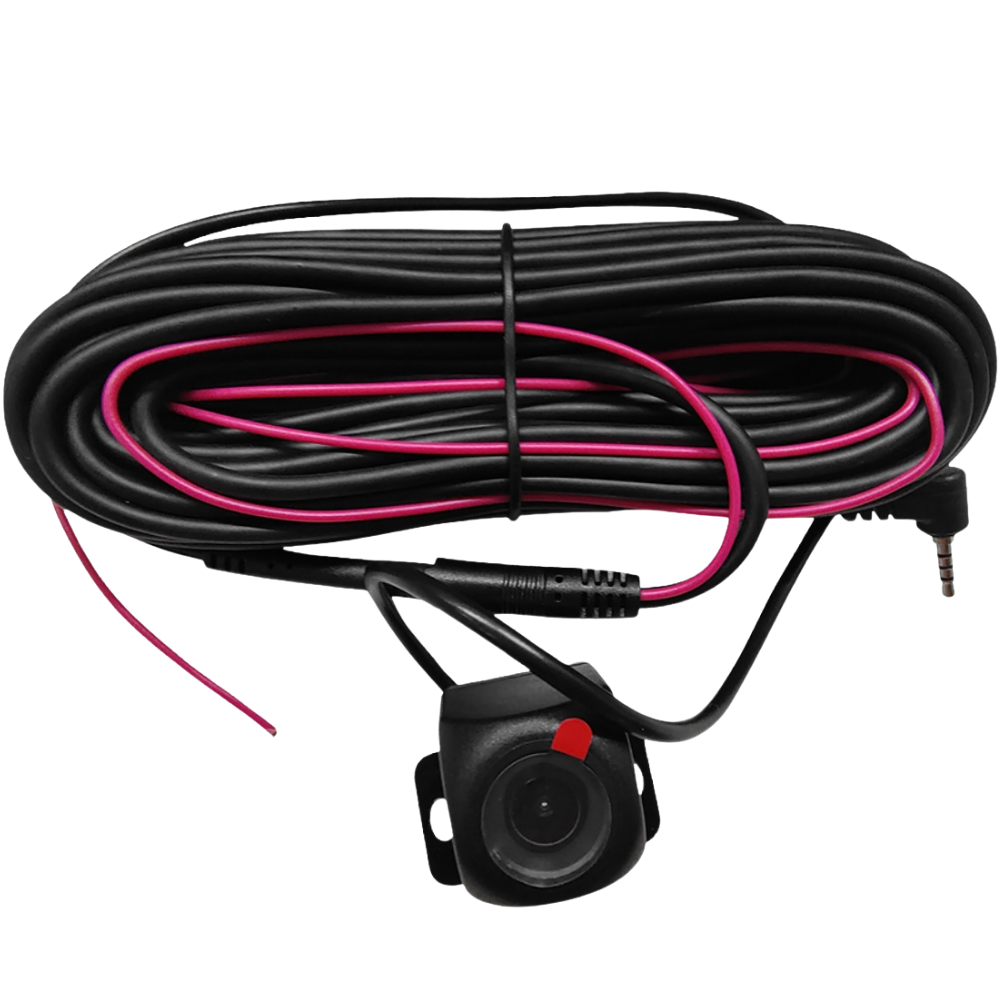 Een zwarte kabel met roze draden en een kleine camera.
