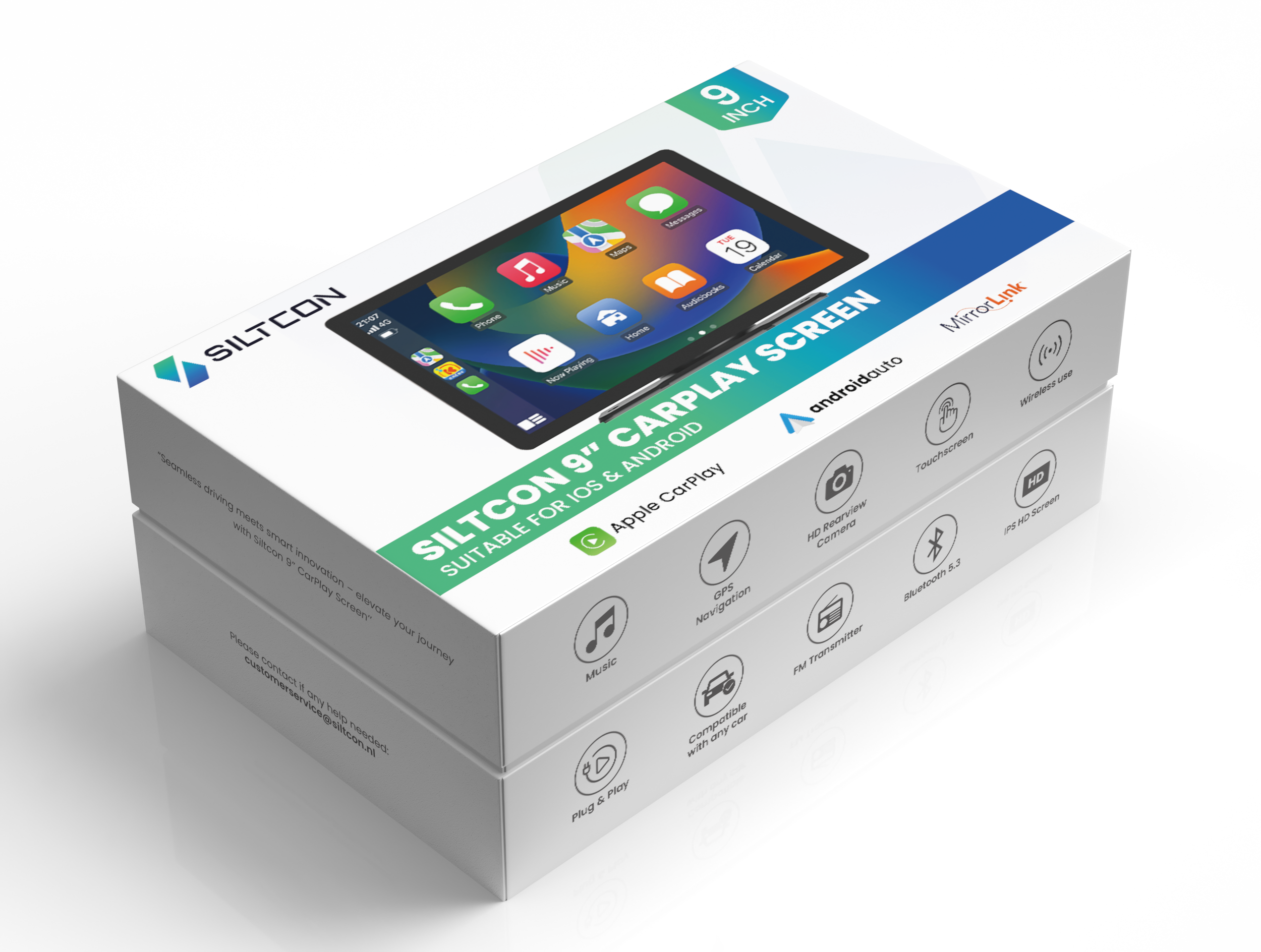 Doos voor 9-inch Siltcon CarPlay-scherm met app-iconen.