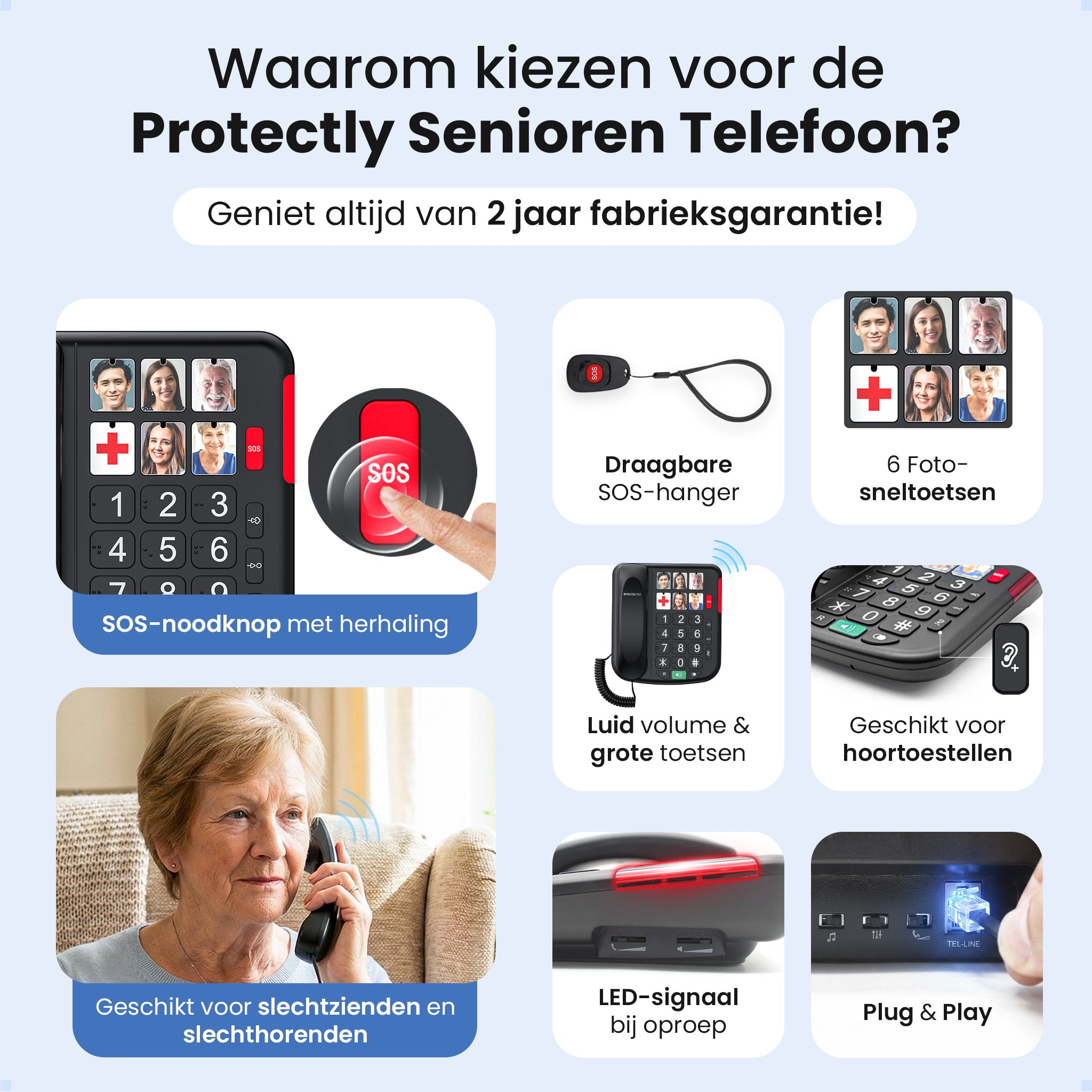 Senior phone with photo speed dial, SOS pendant, large display, hearing aid compatible.