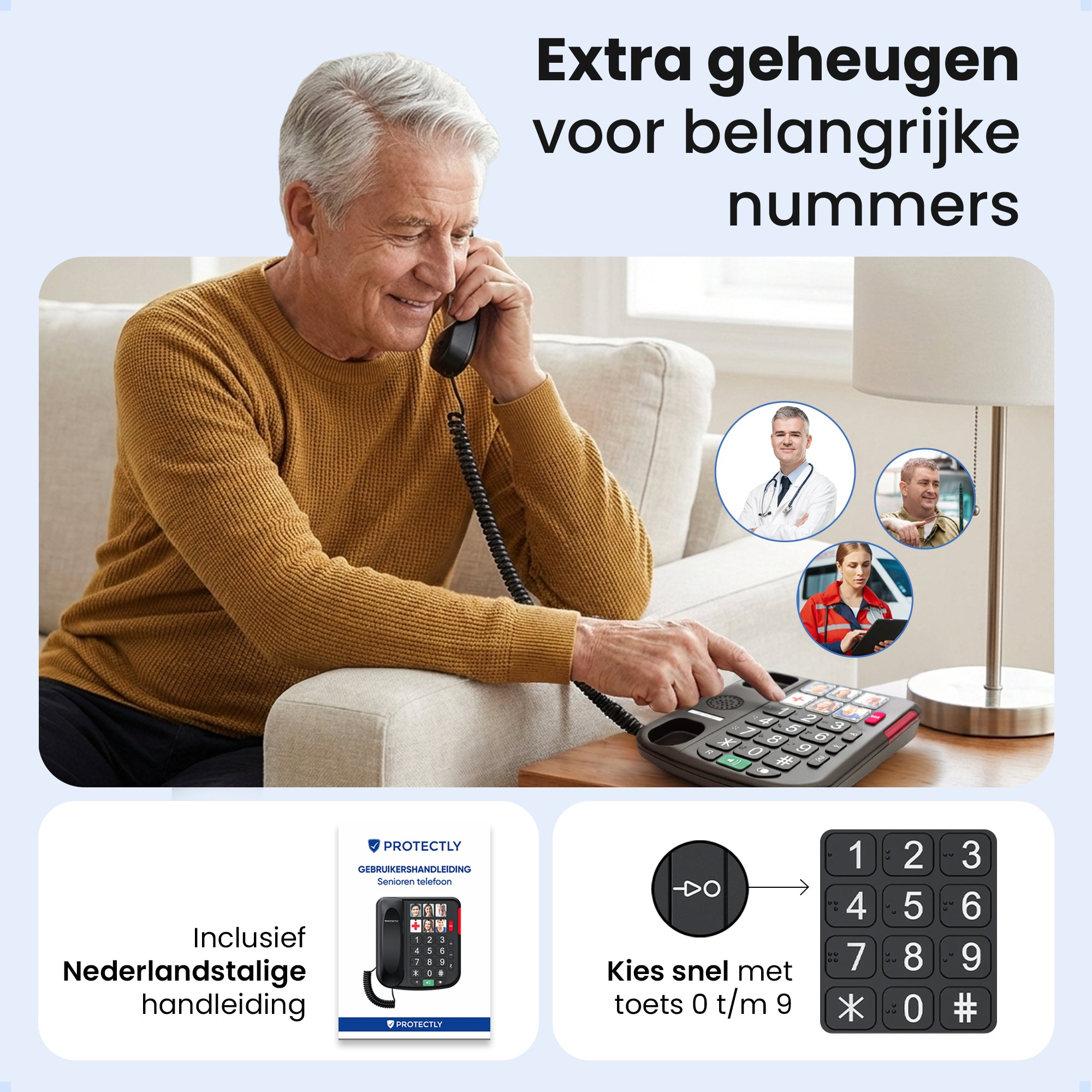 Elderly man on phone; three portraits of professionals; keypad with numbers.