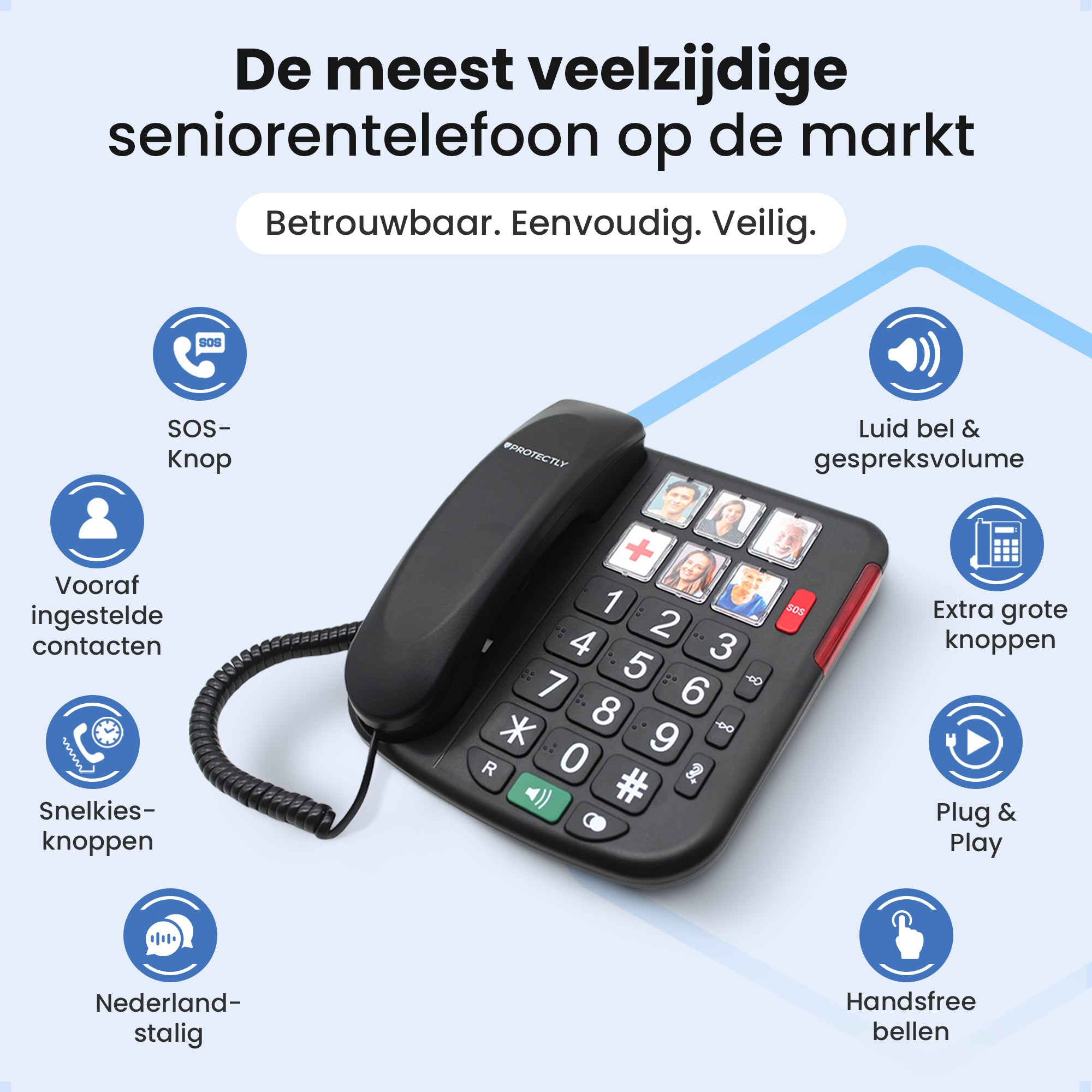 A black senior phone with large buttons and photos on speed dial keys.