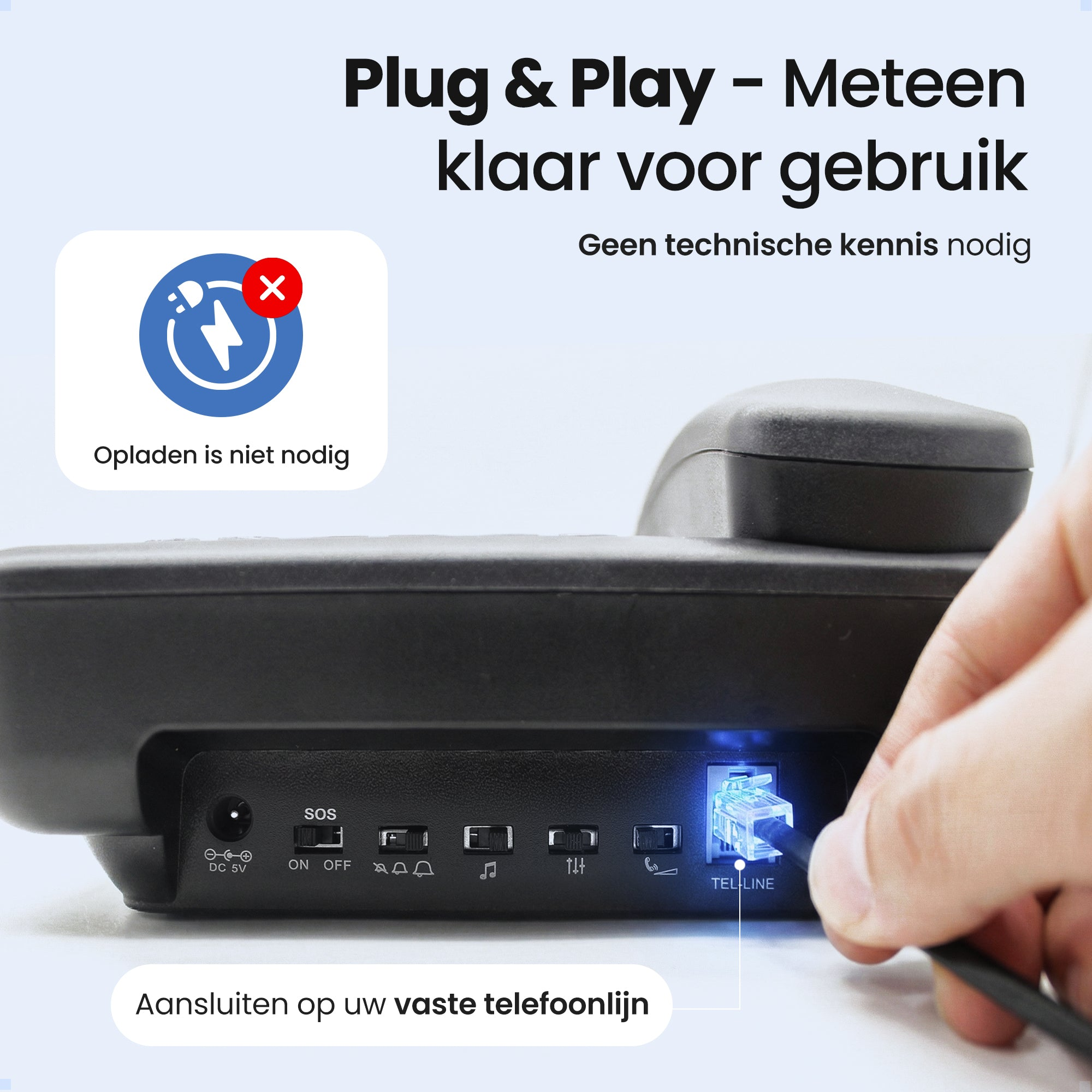 A plug is inserted into a phone line. An icon indicates charging is not needed.