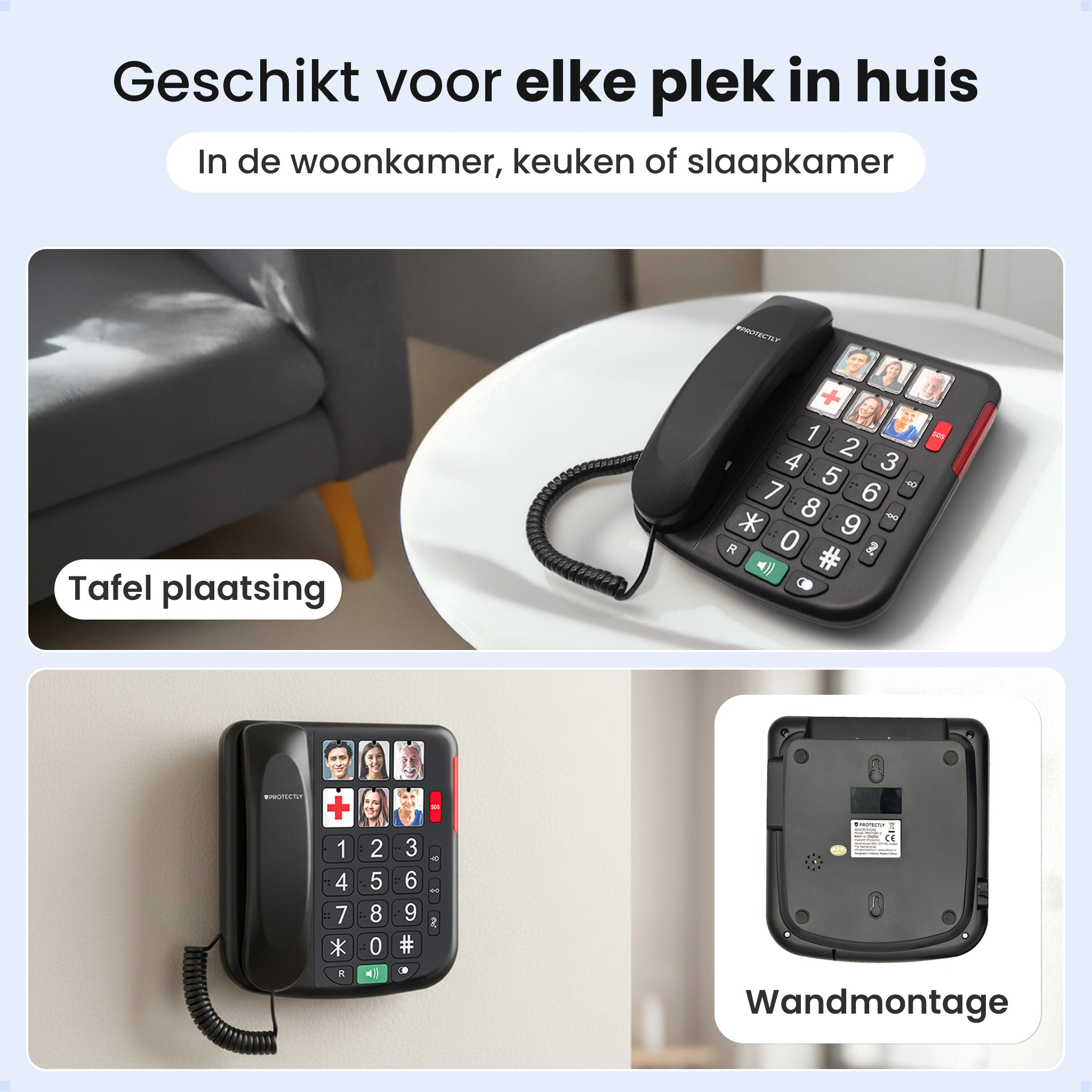 A black phone with large buttons and photo buttons, shown on a table and wall-mounted.