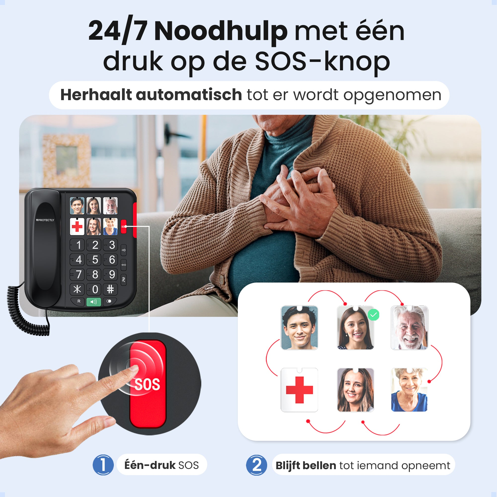 Elderly person holds chest, with SOS phone and contact photos nearby.