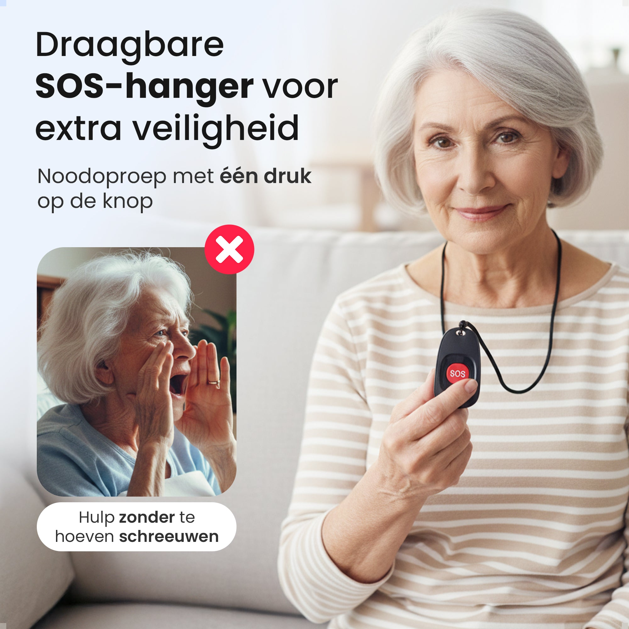 Elderly woman holds SOS pendant. Small inset shows woman shouting.