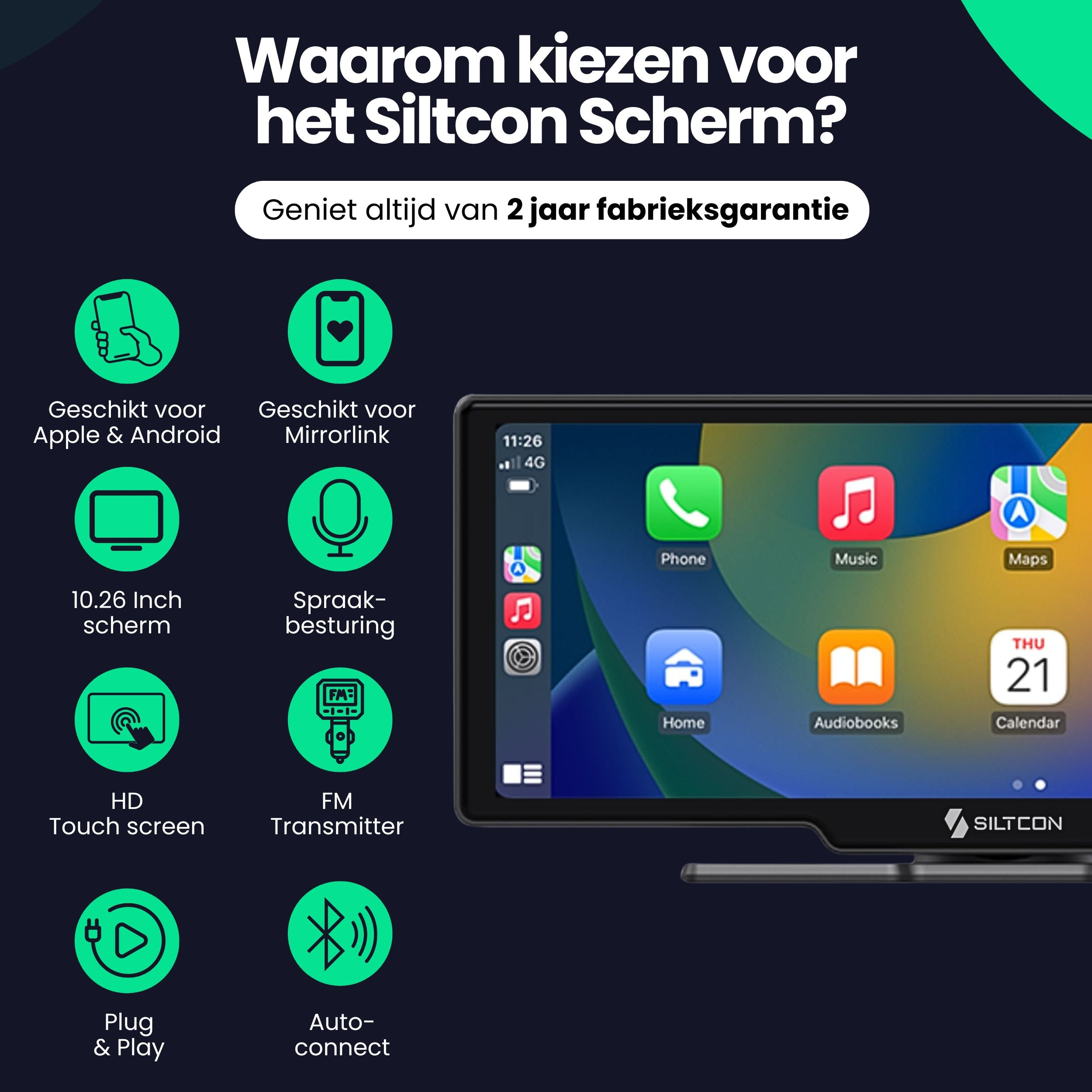 Siltcon scherm: Apple/Android, Mirrorlink, 10,26 inch, touch, FM, Plug&Play.