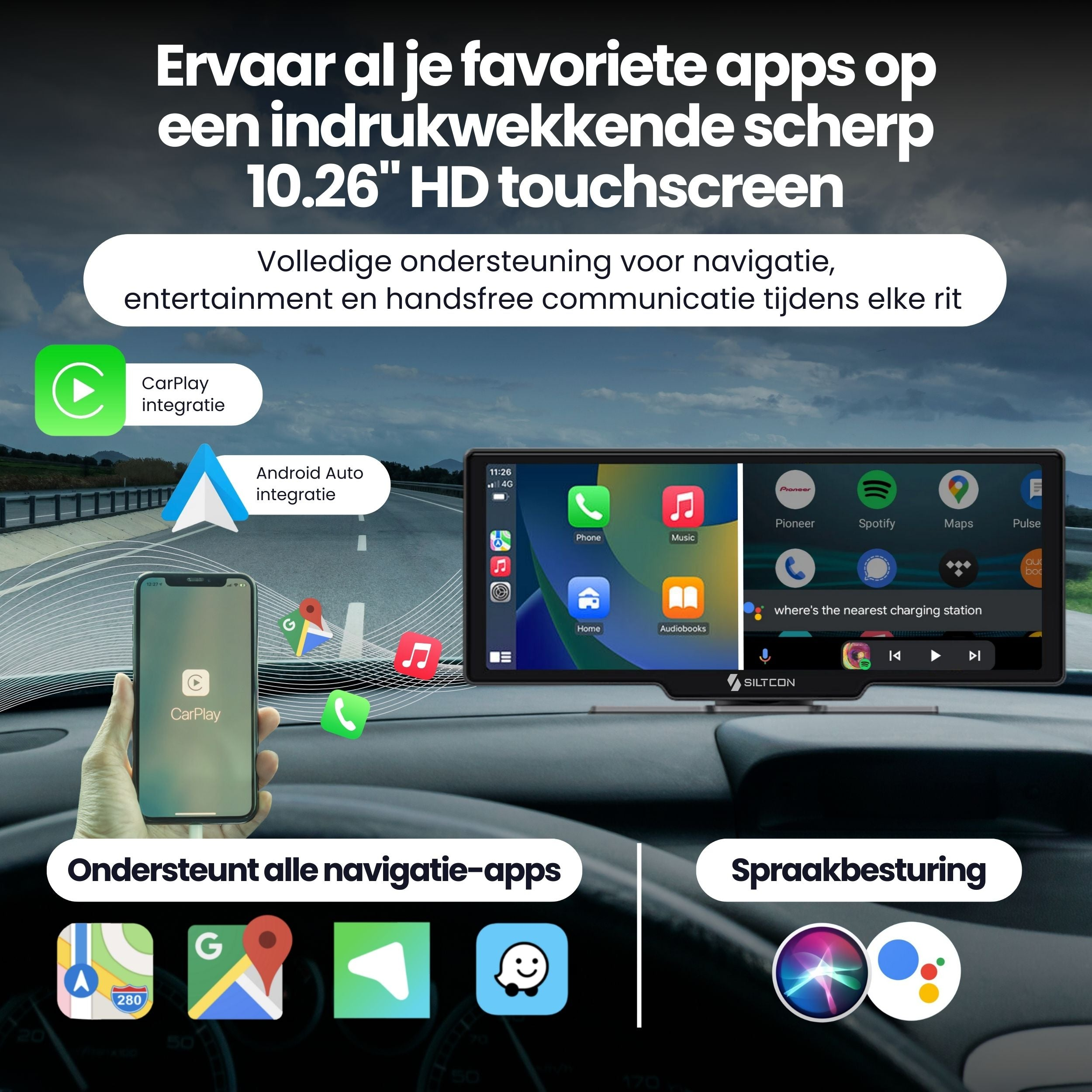 Autoscherm toont apps zoals CarPlay, Spotify en Kaarten. Hand houdt iPhone met CarPlay vast.