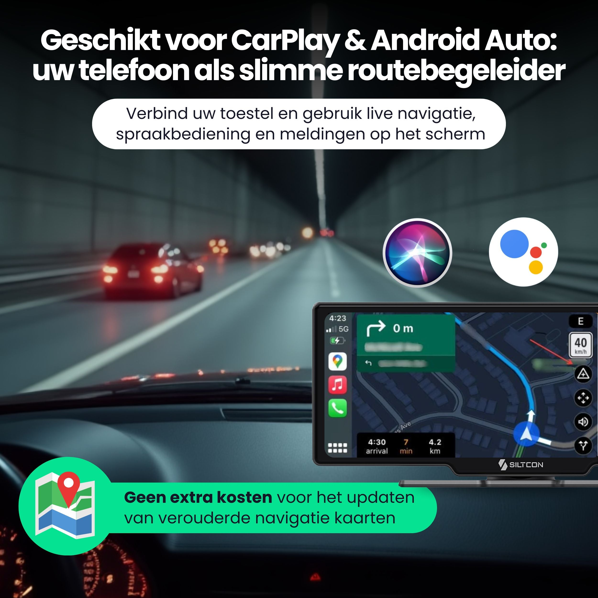 Auto navigatiesysteem met CarPlay & Android Auto, toont kaart, apps en rijinfo.