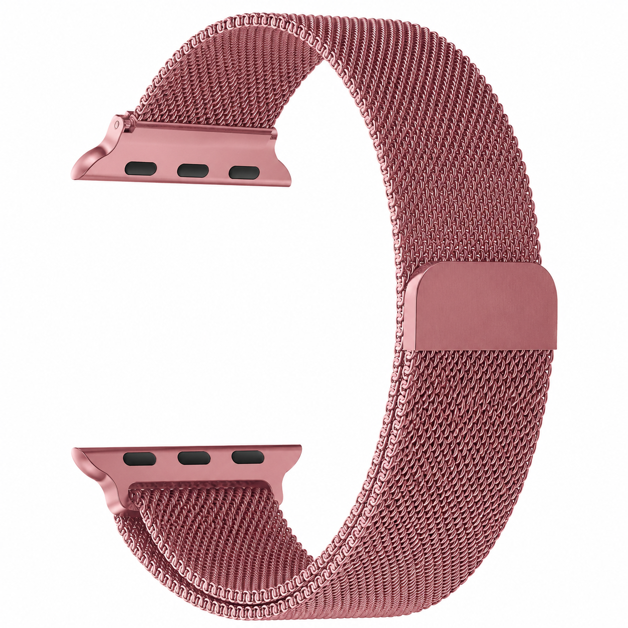 Ein roségoldenes Apple Watch Armband aus Milanaise-Geflecht mit Magnetverschluss.