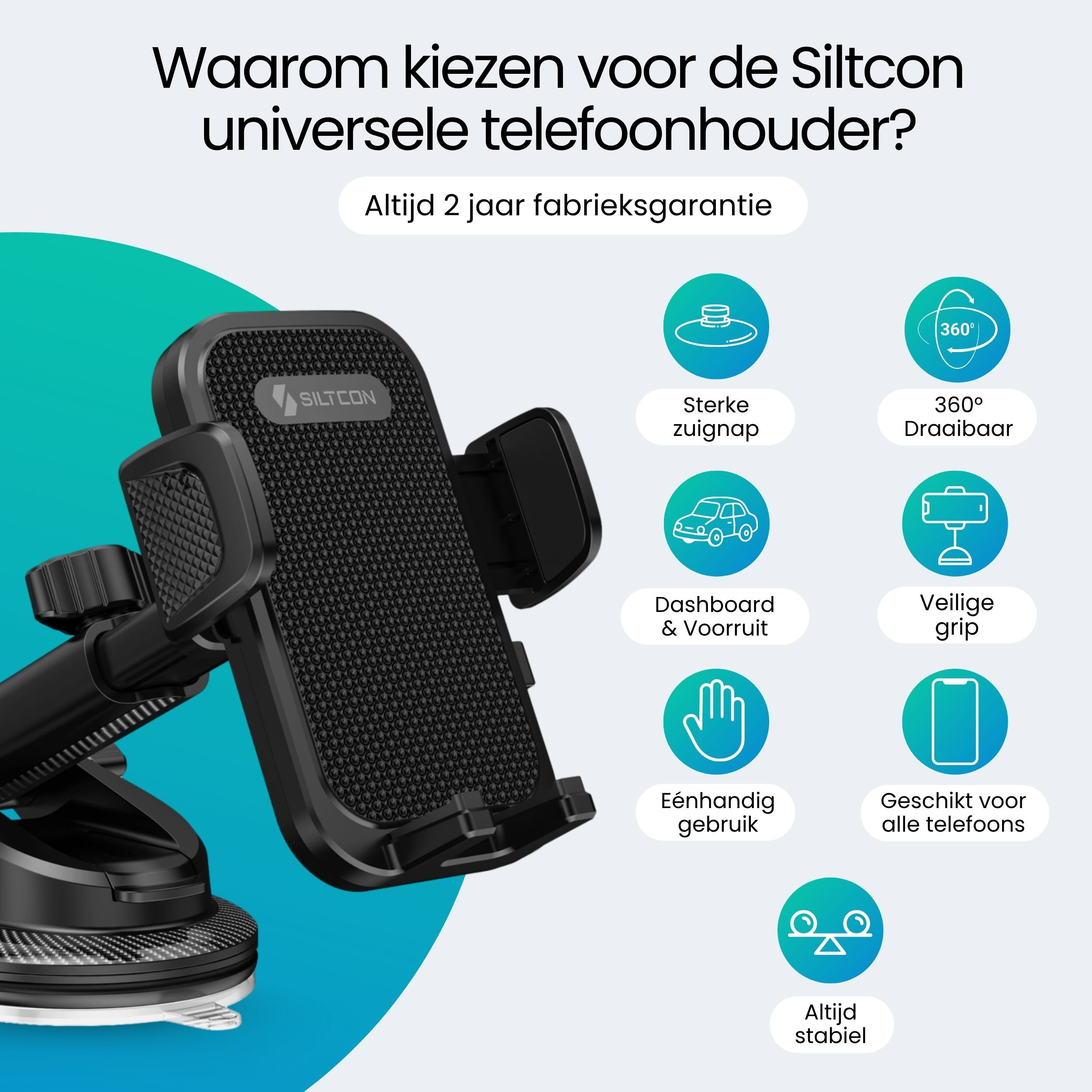 Zwarte universele telefoonhouder met zuignap en iconen voor functies zoals 360 graden rotatie.