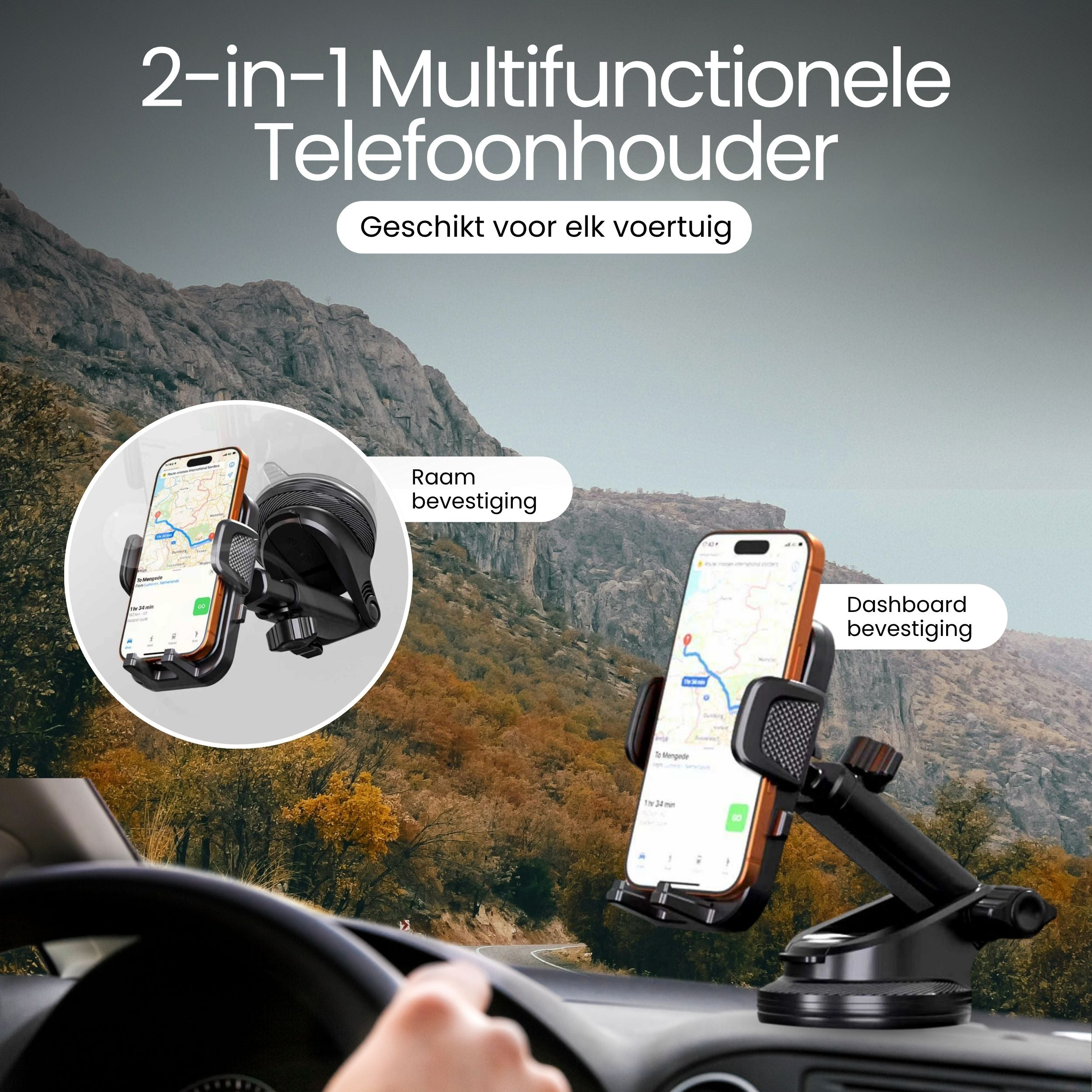 Een 2-in-1 autotelefoonhouder voor montage op dashboard en voorruit.