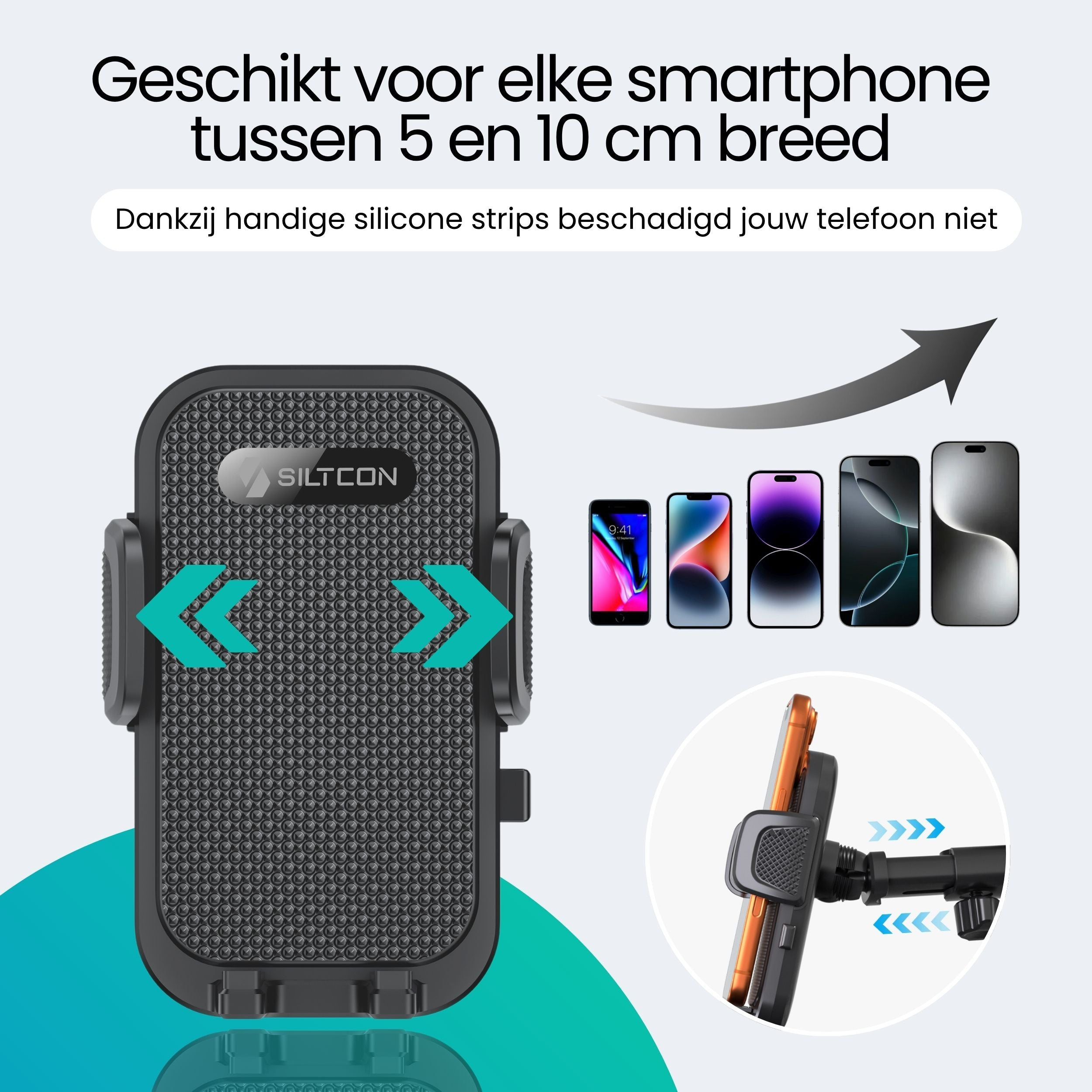 Zwarte smartphonehouder met siliconenstrips, past op 5-10 cm brede toestellen.