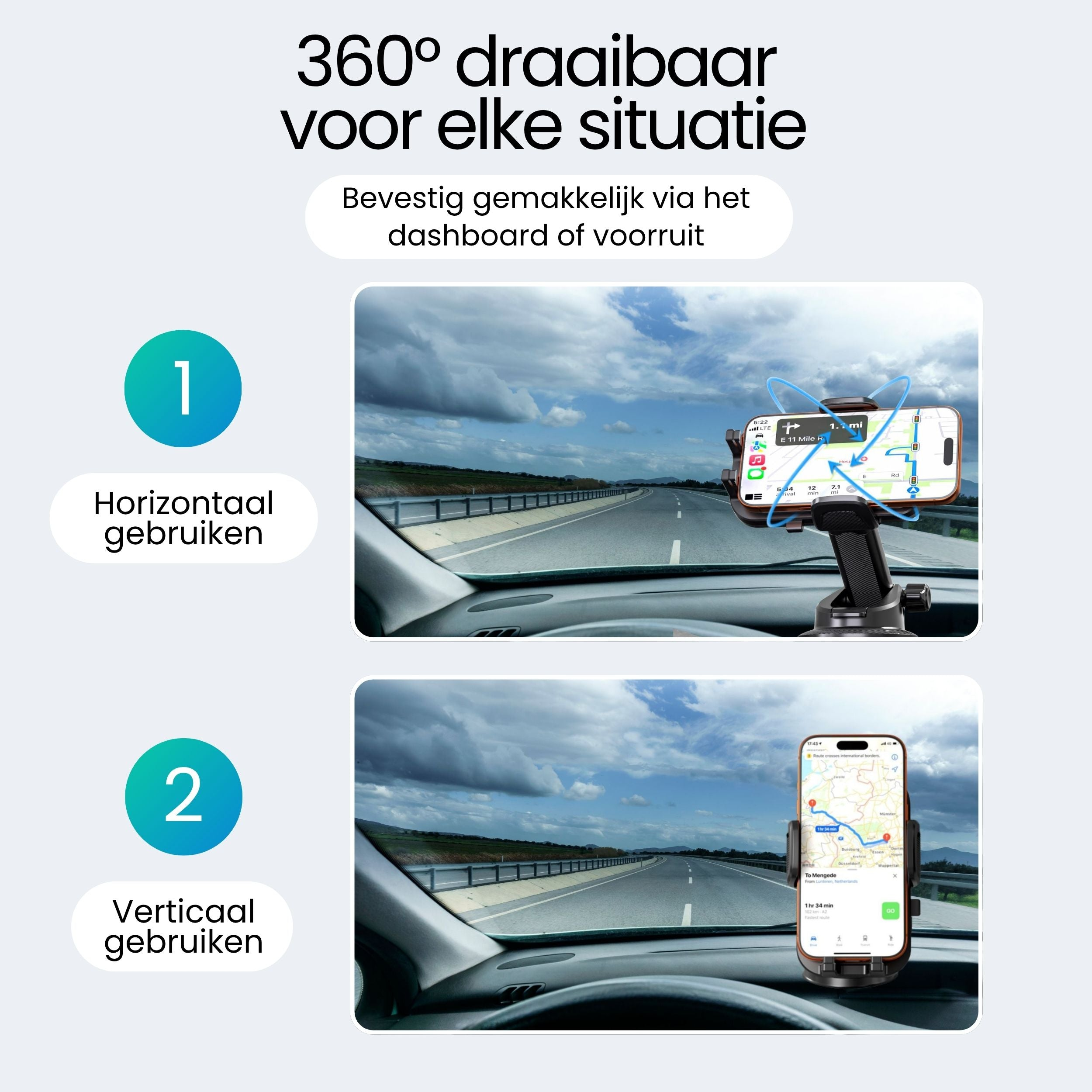 Twee telefoonhouders voor in de auto, één horizontaal en één verticaal gemonteerd.