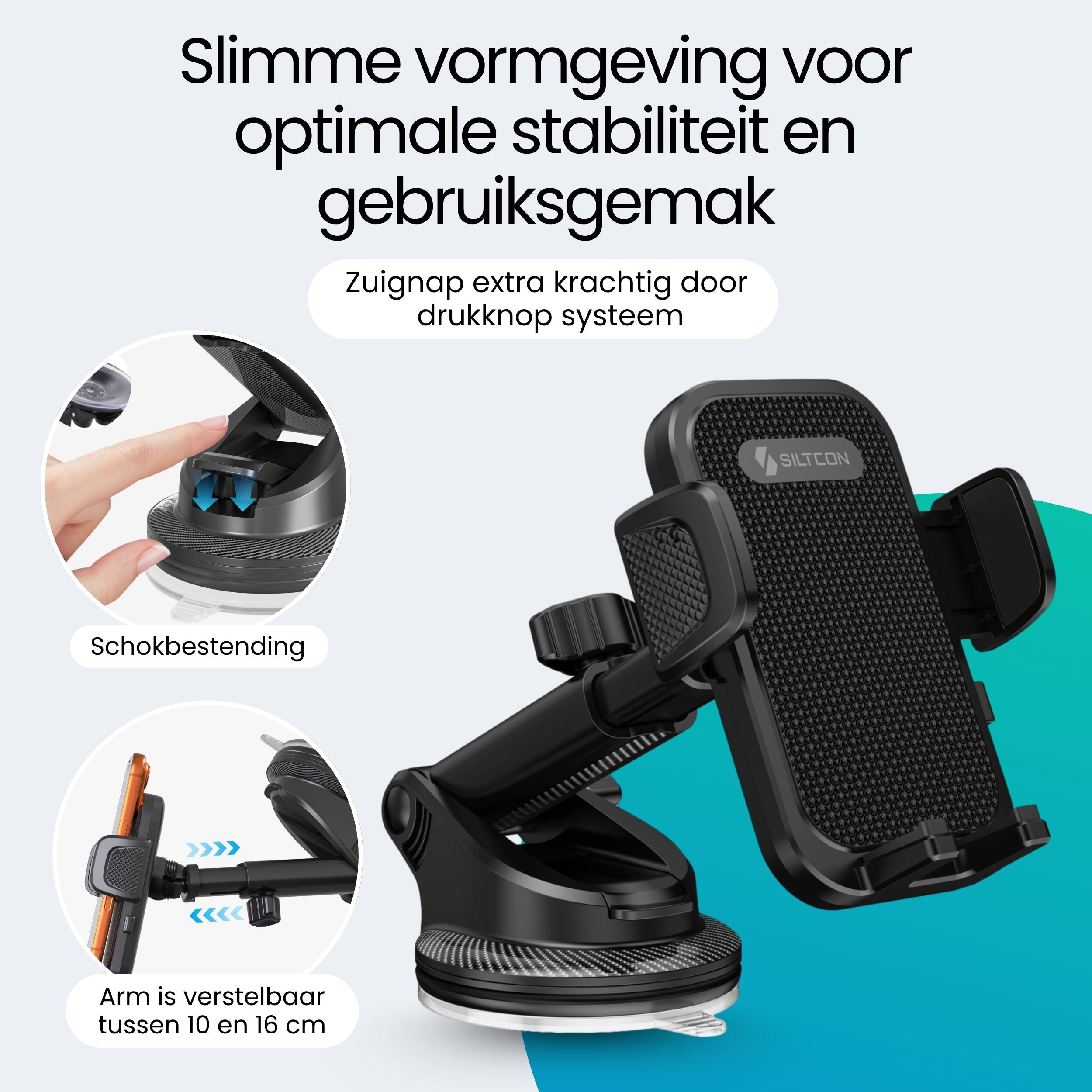 Zwarte telefoonhouder met zuignap, verstelbare arm en schokdemping.