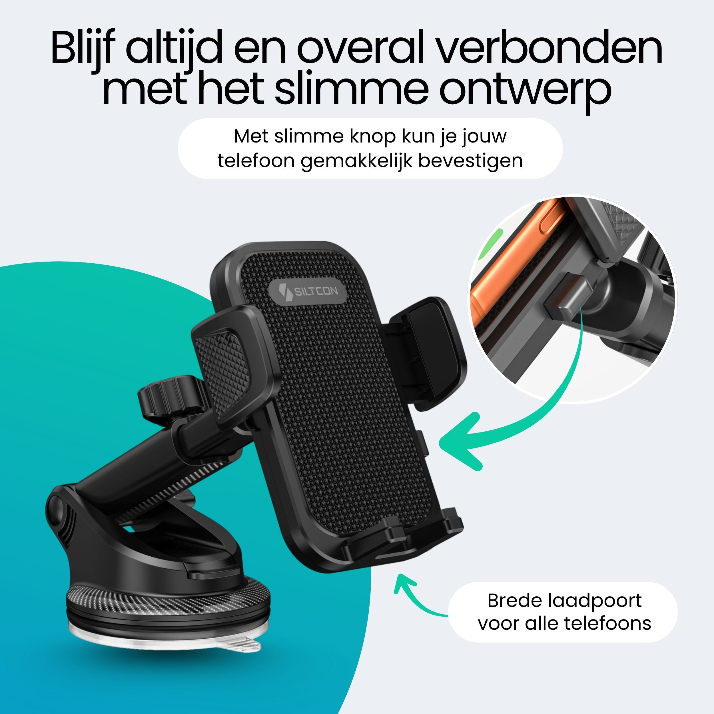 Een zwarte telefoonhouder voor in de auto met zuignap.