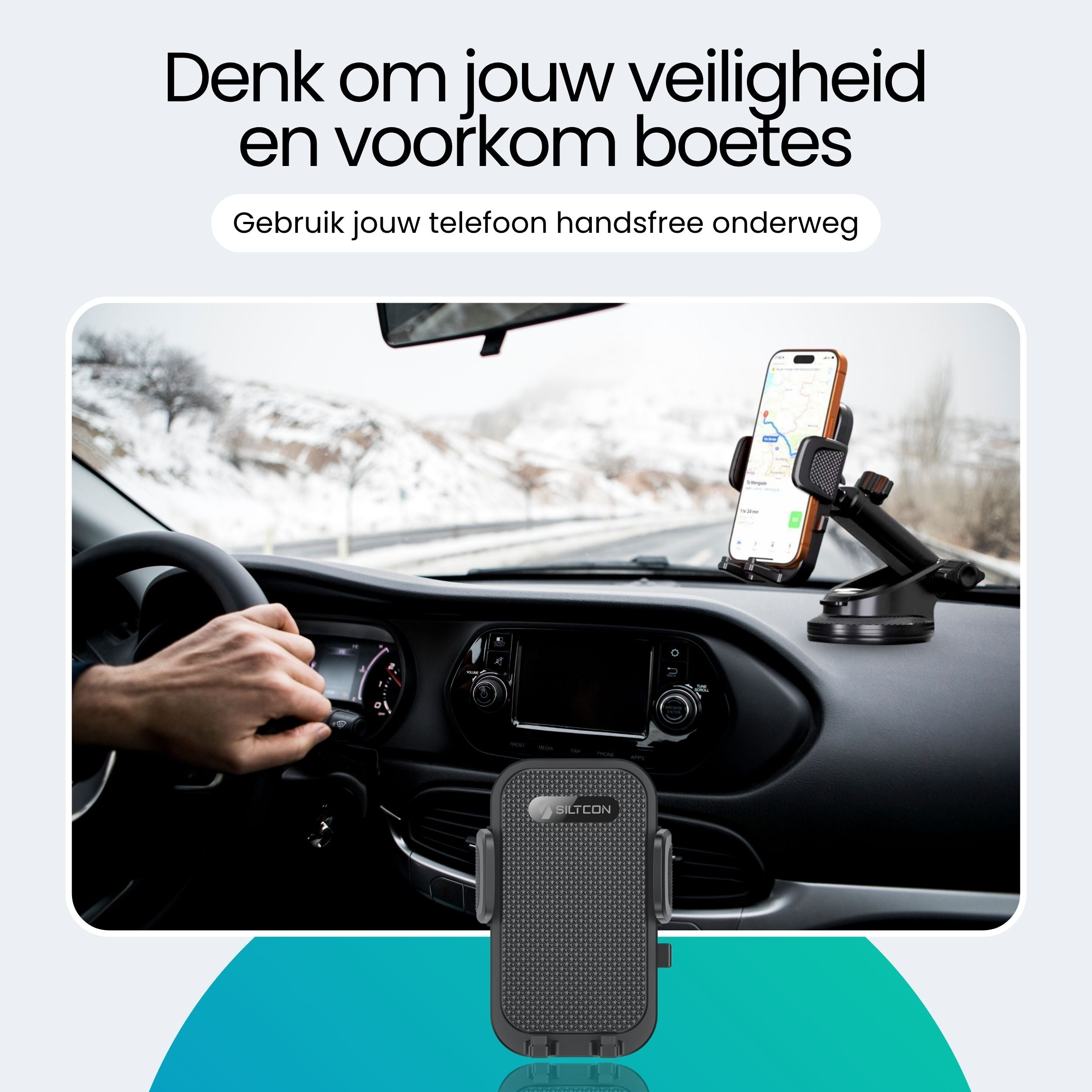 Bestuurdershand aan het stuur, telefoonhouder met navigatie op dashboard.