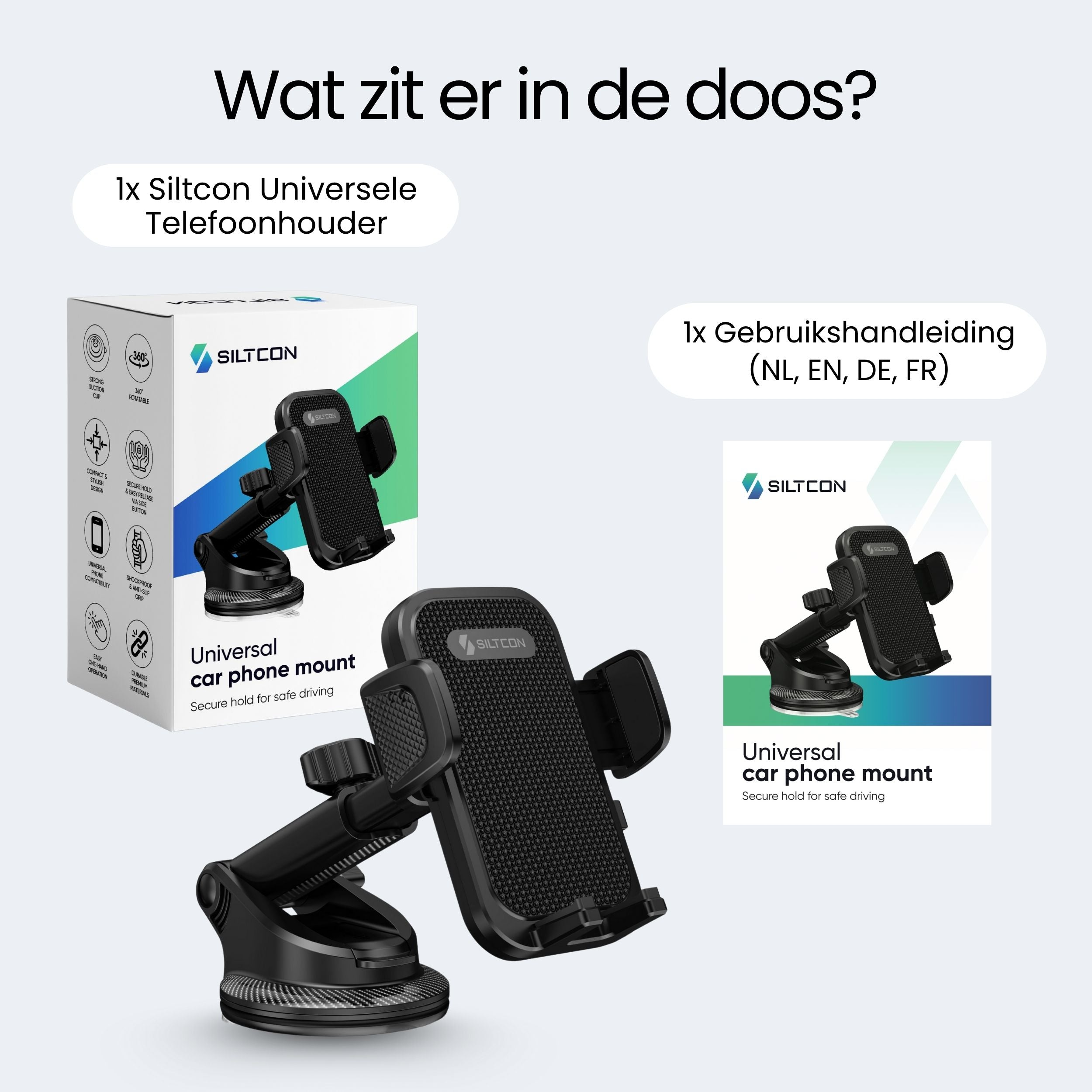 Afbeelding toont een zwarte universele autohouder en een handleiding.
