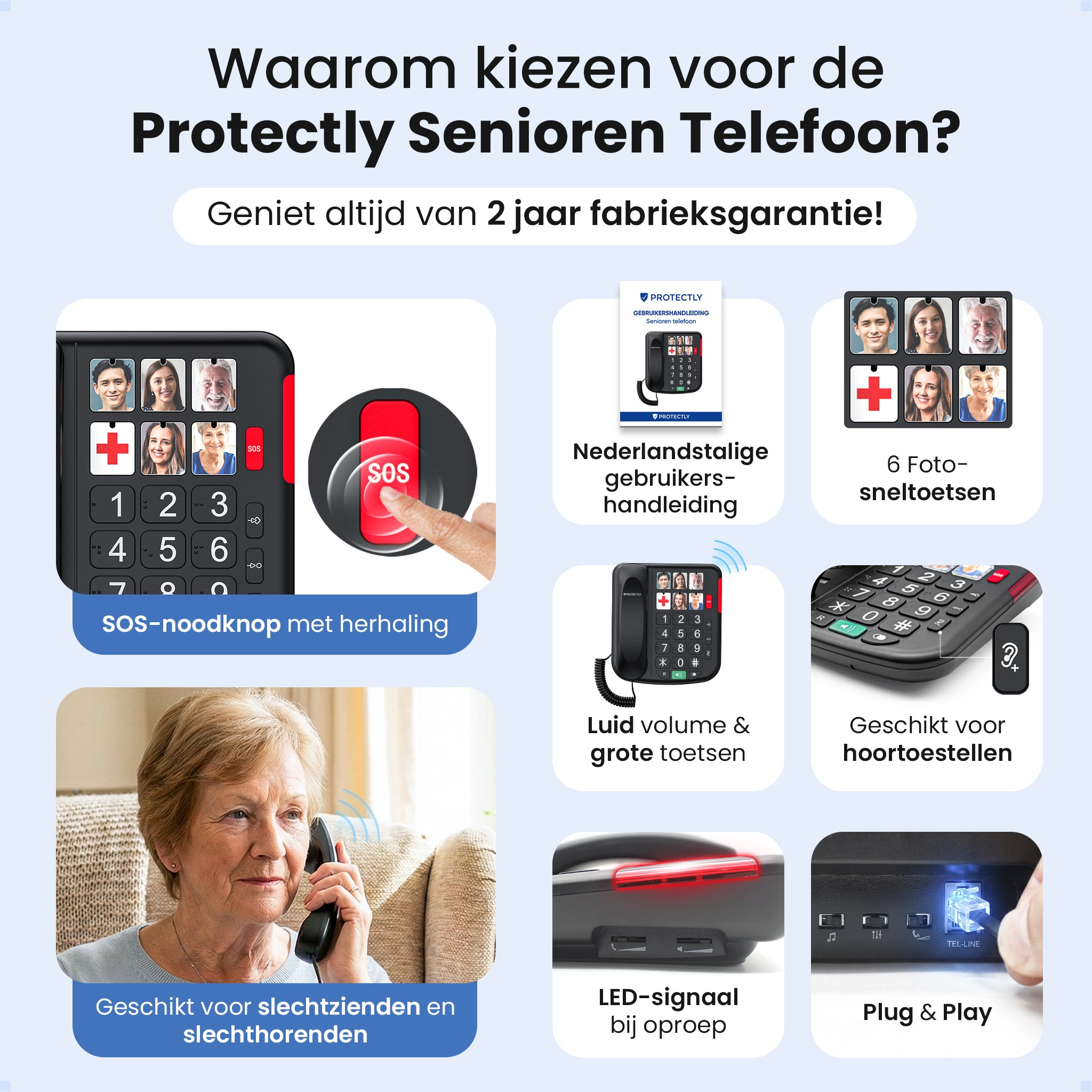 Senior phone with SOS button, manual, photo speed dials, hearing aid compatibility.