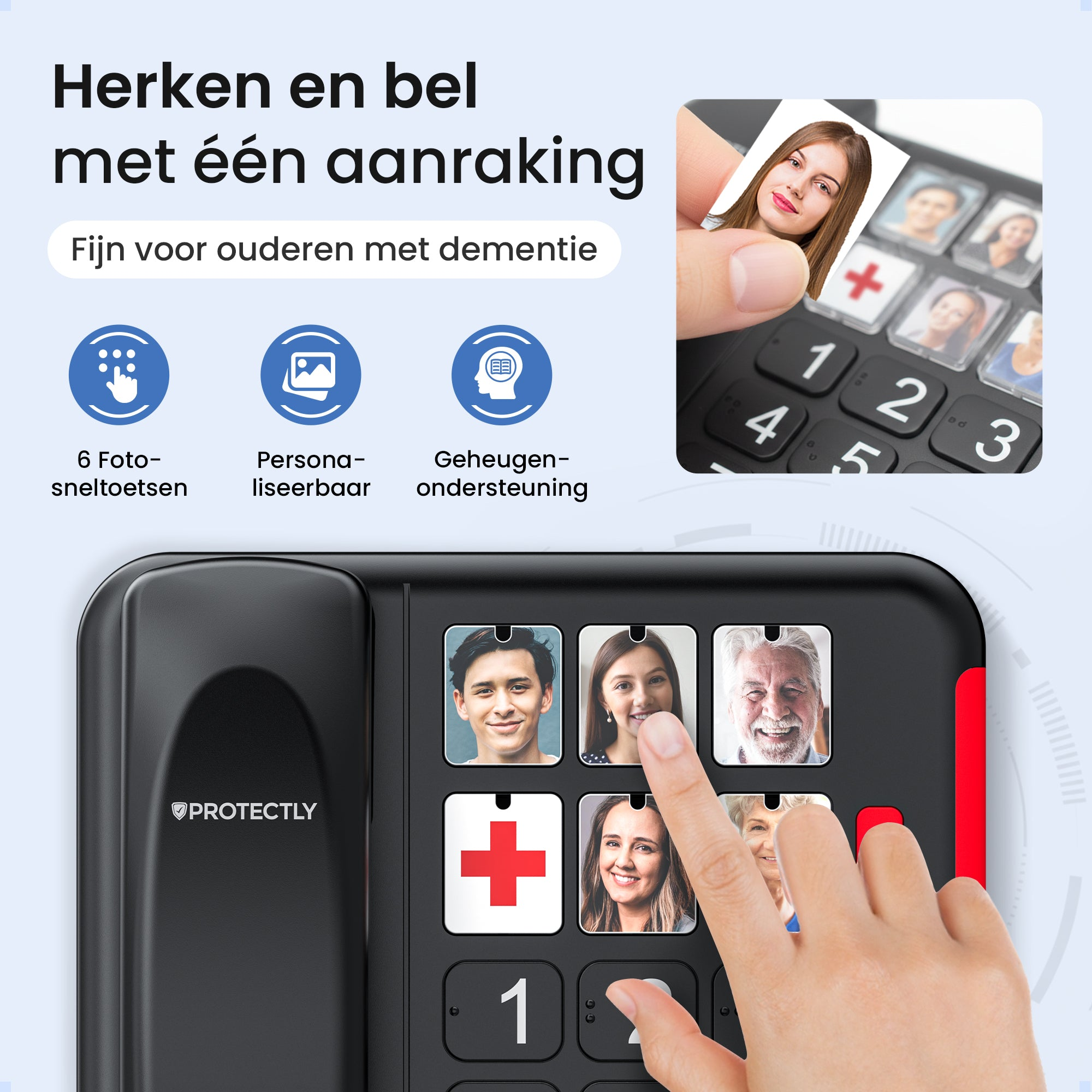 Phone with photo buttons for elderly with dementia. Hand places photo onto keypad.