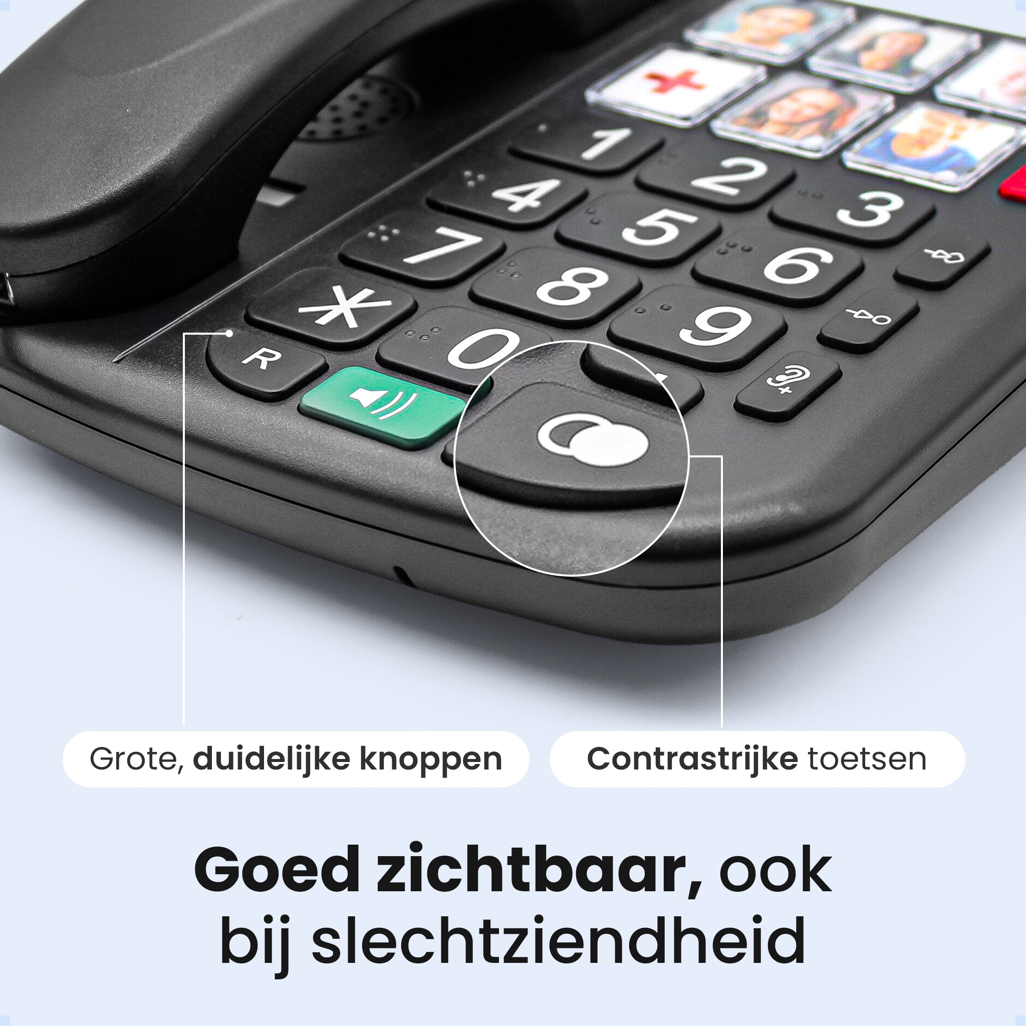 Close-up of a black button phone with large, high-contrast keys.