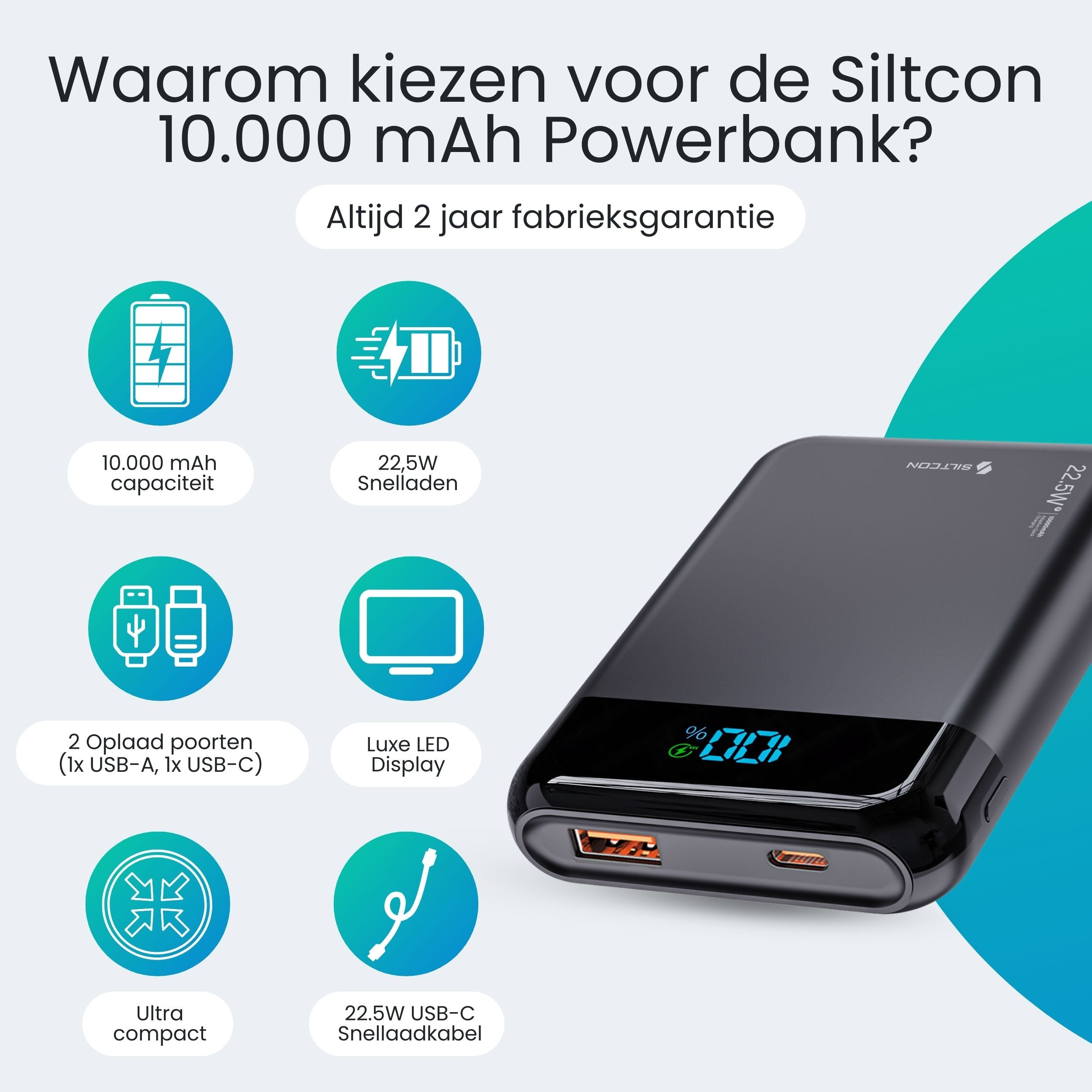Zwarte powerbank met LED-display, 10.000 mAh capaciteit, snelladen.