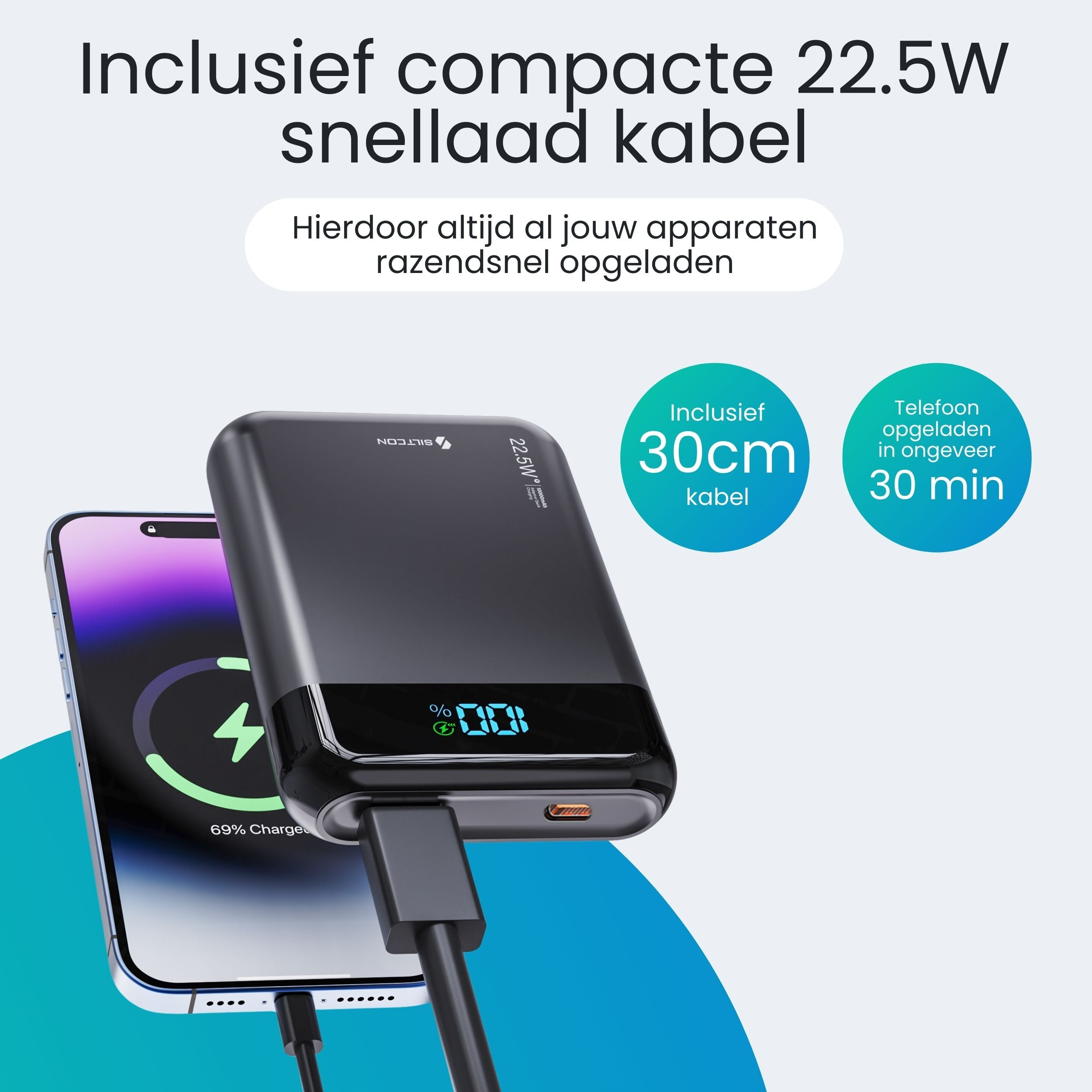 Zwarte powerbank laadt smartphone op. Inclusief 30cm kabel. Laadt in 30 min.