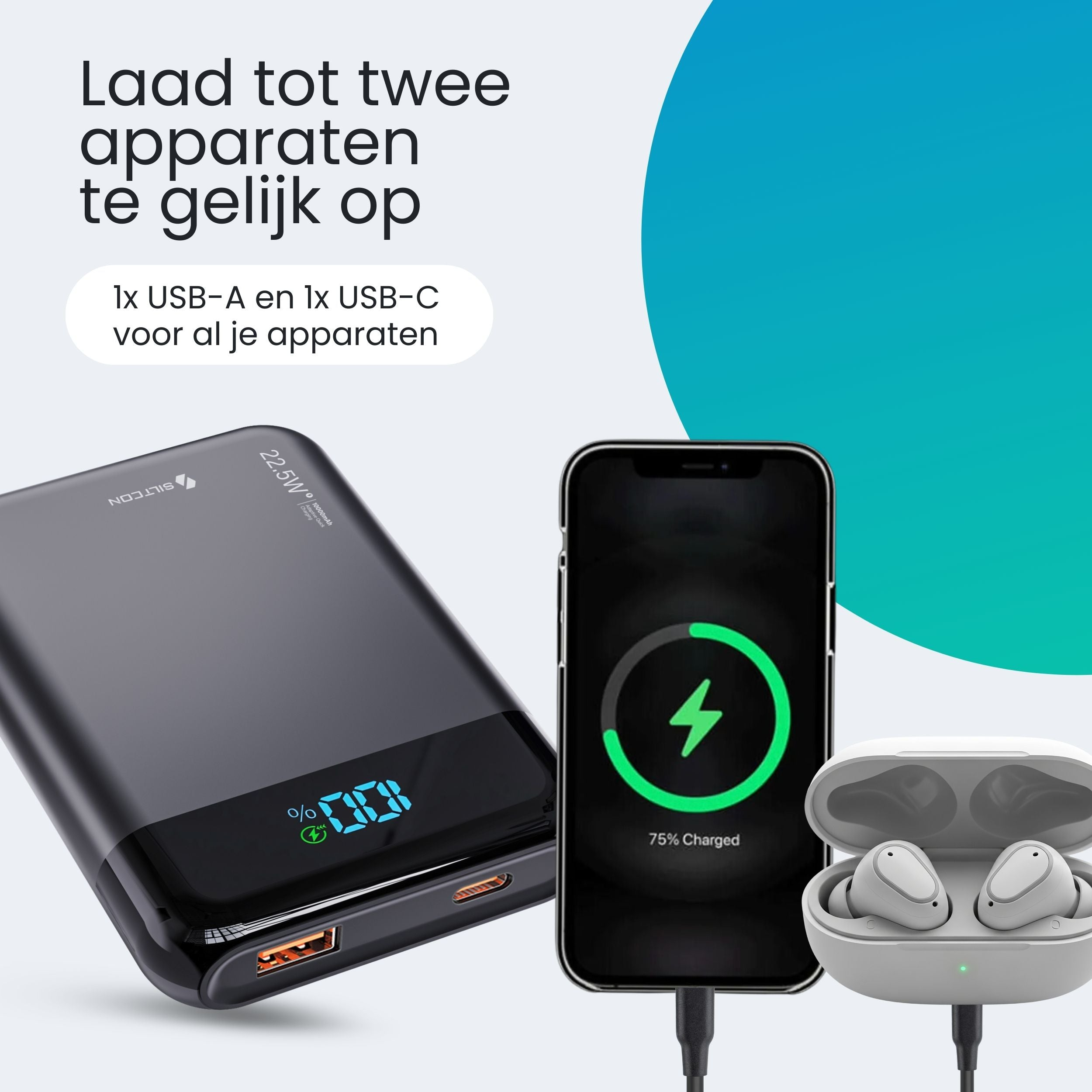 Grijze powerbank, smartphone met oplaadindicator en witte oordopjes in hoesje.