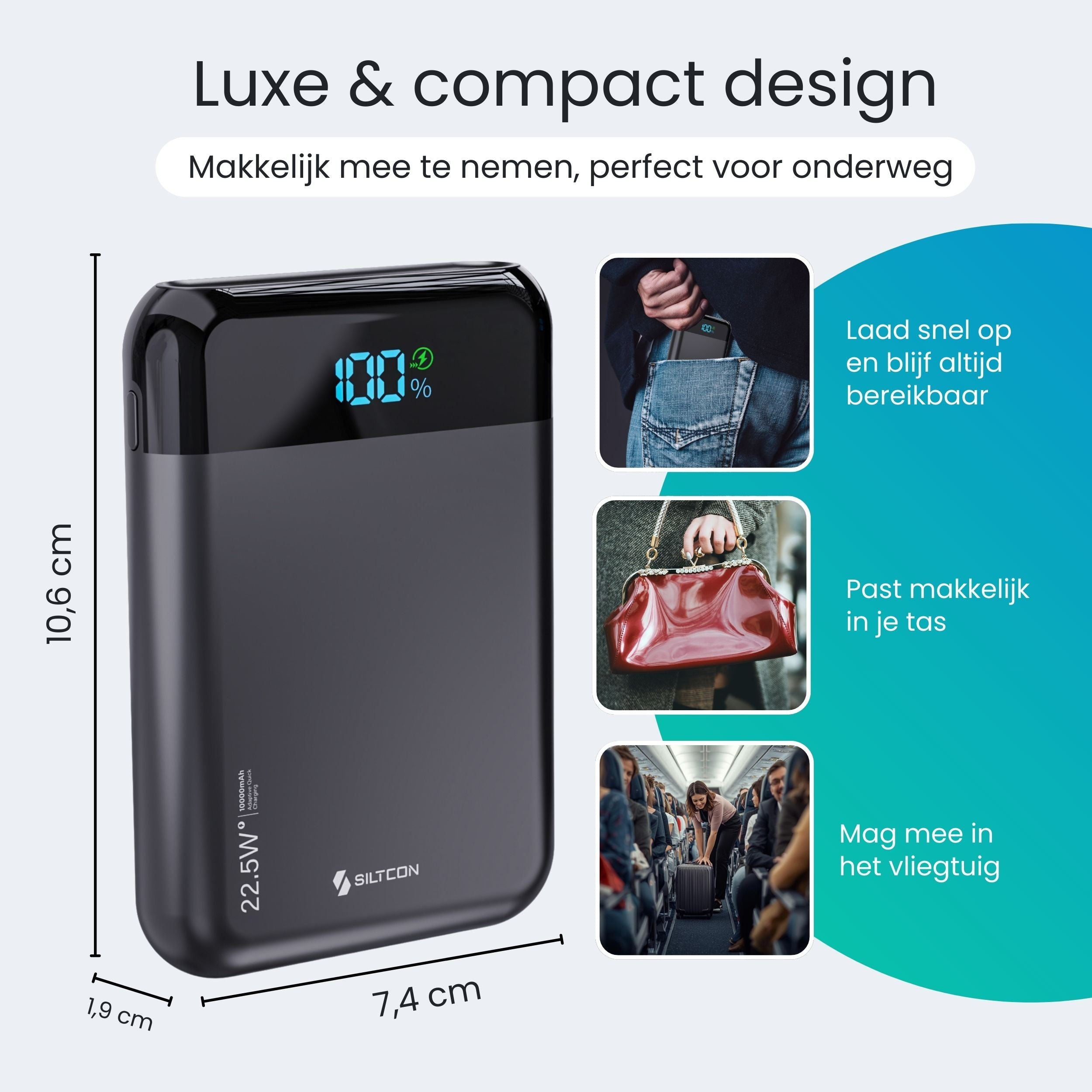 Zwarte powerbank, 10,6x7,4x1,9cm, met 100% lading weergegeven.