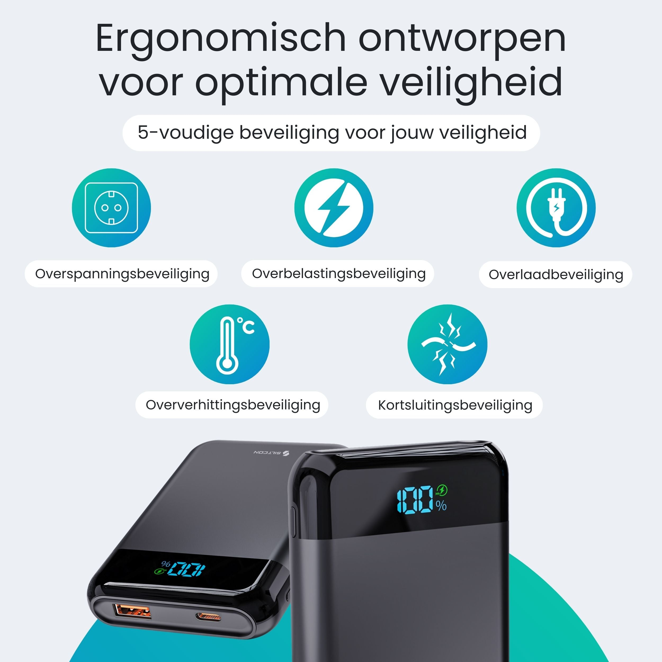 Ergonomisch ontworpen powerbank met 5 veiligheidsfuncties.
