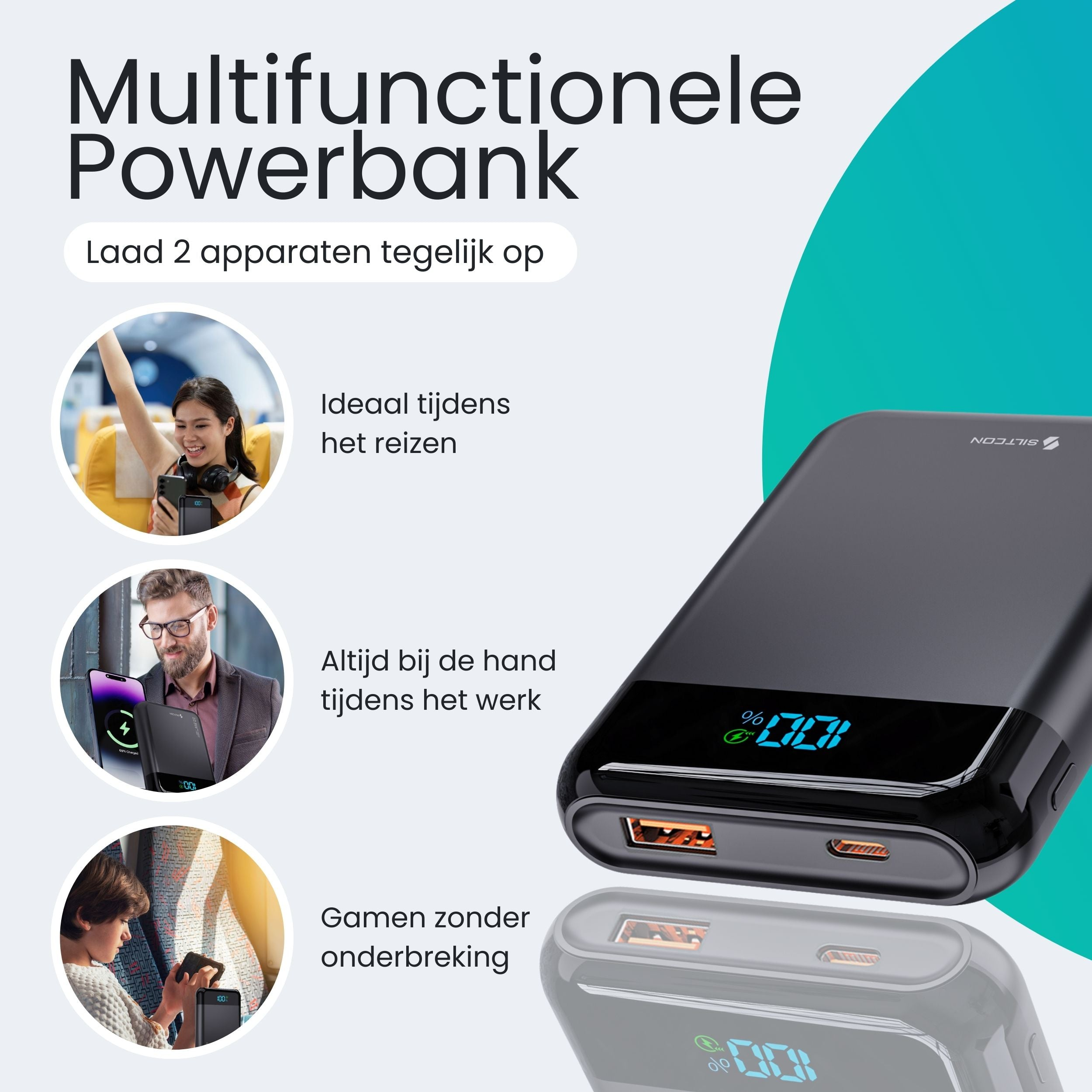 Zwarte powerbank met digitale displays die het opladen van twee apparaten tonen.