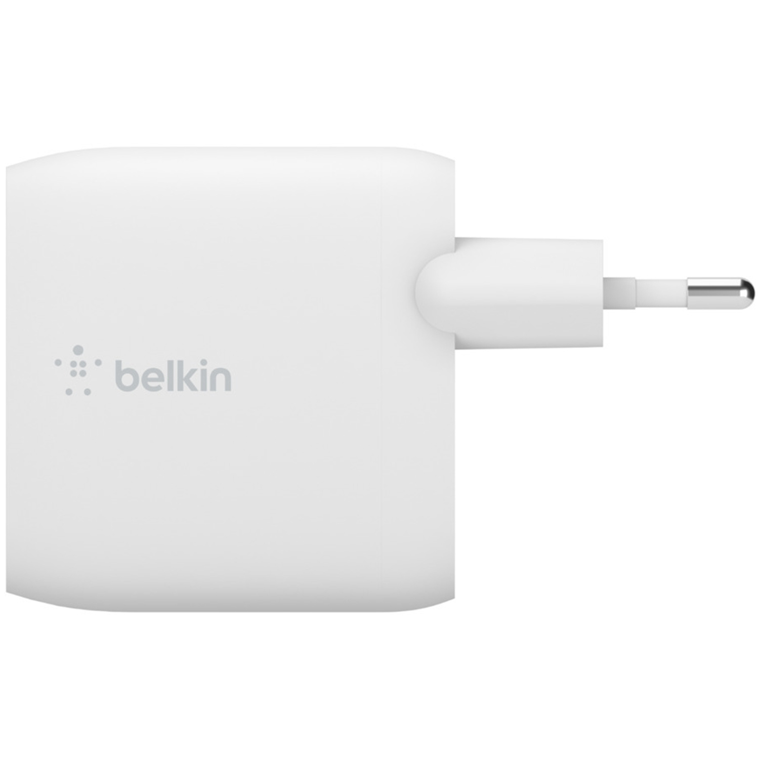 Un alimentatore Belkin bianco con due pin.
