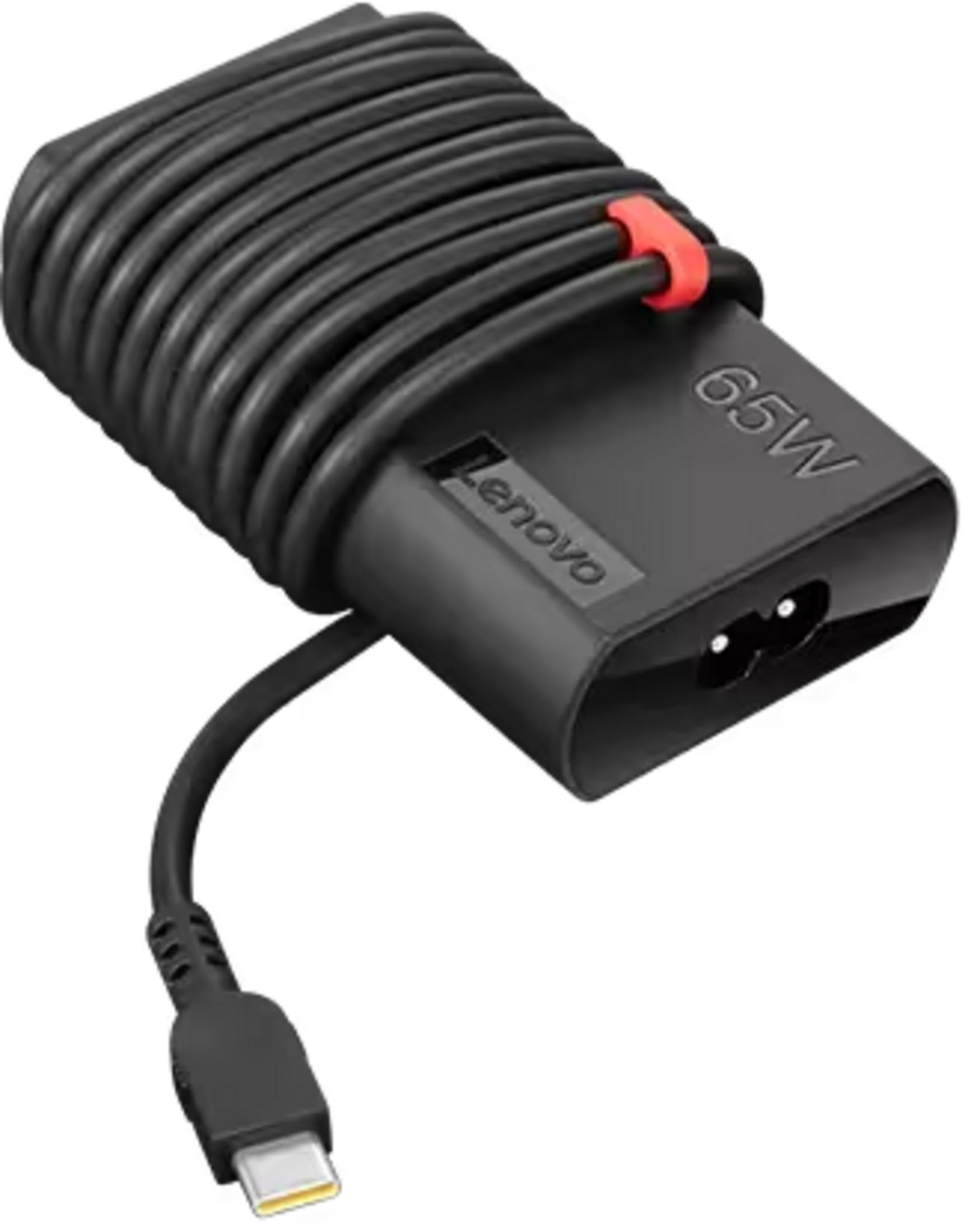 Alimentatore Lenovo nero 65W con cavo avvolto e connettore USB-C.