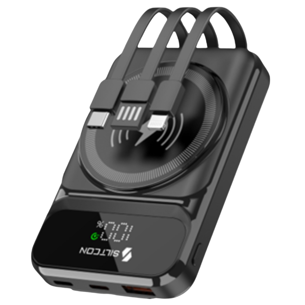 Zwarte powerbank met drie geïntegreerde kabels en laadindicator.