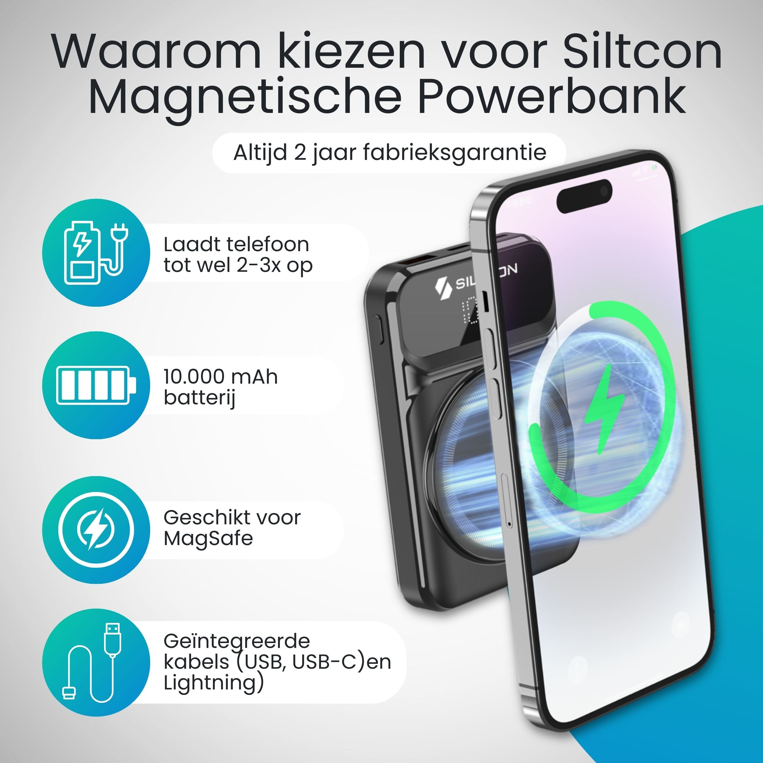 Magnetische powerbank, 10.000 mAh, MagSafe-compatibel, laadt 2-3x op.
