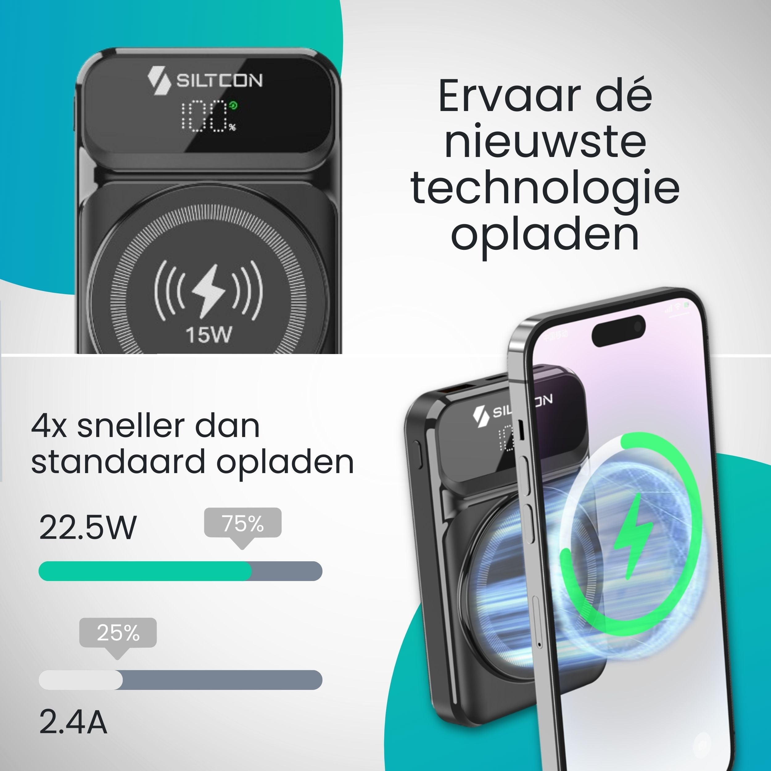 Een zwarte lader toont 100% en een smartphone met laadindicator.