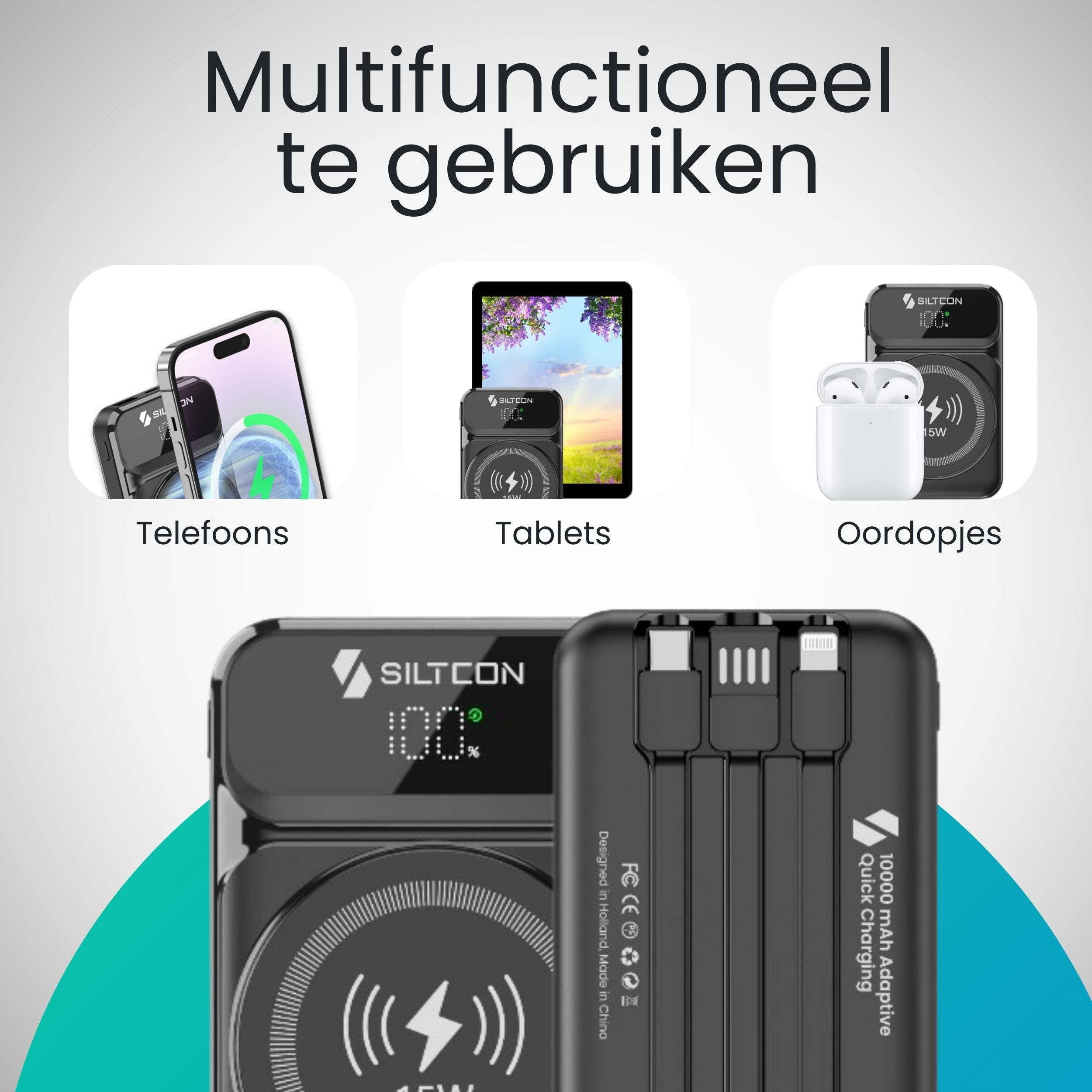 Multifunctionele powerbank laadt telefoons, tablets en oordopjes op.