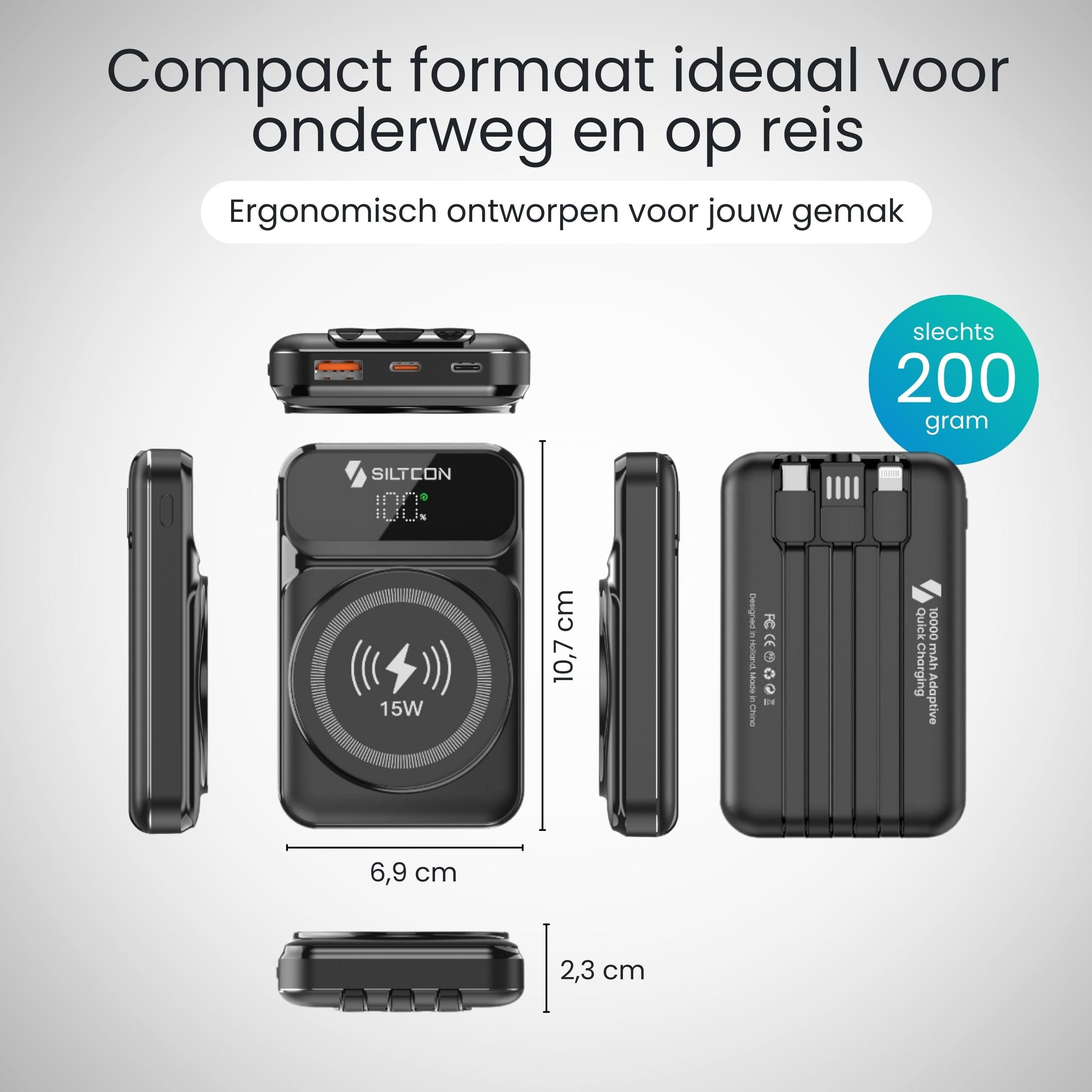 Zwarte lader met ingebouwde kabels en afmetingen. Weegt 200 gram.