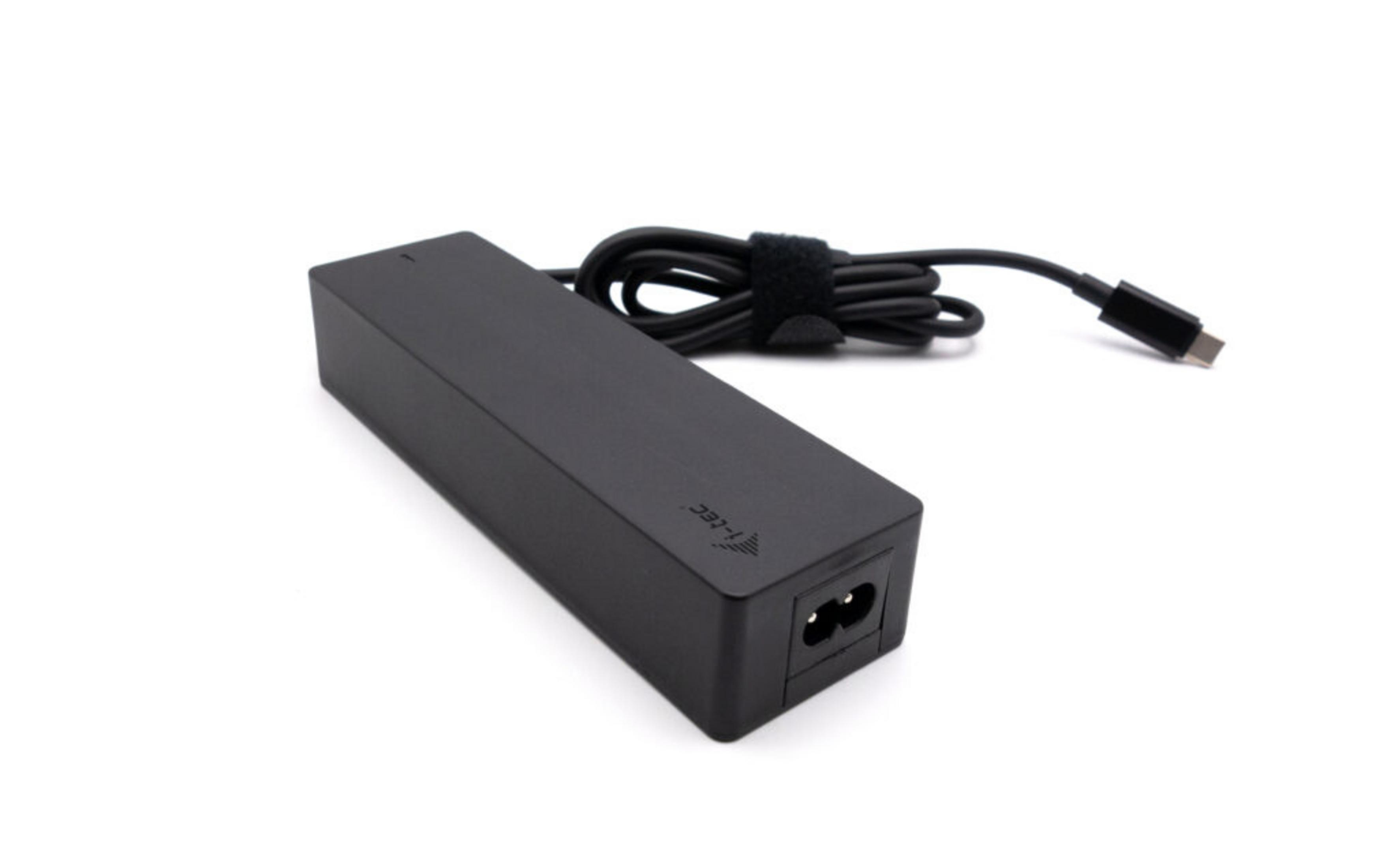 Caricabatterie per laptop nero con cavo e connettore USB-C su sfondo bianco.