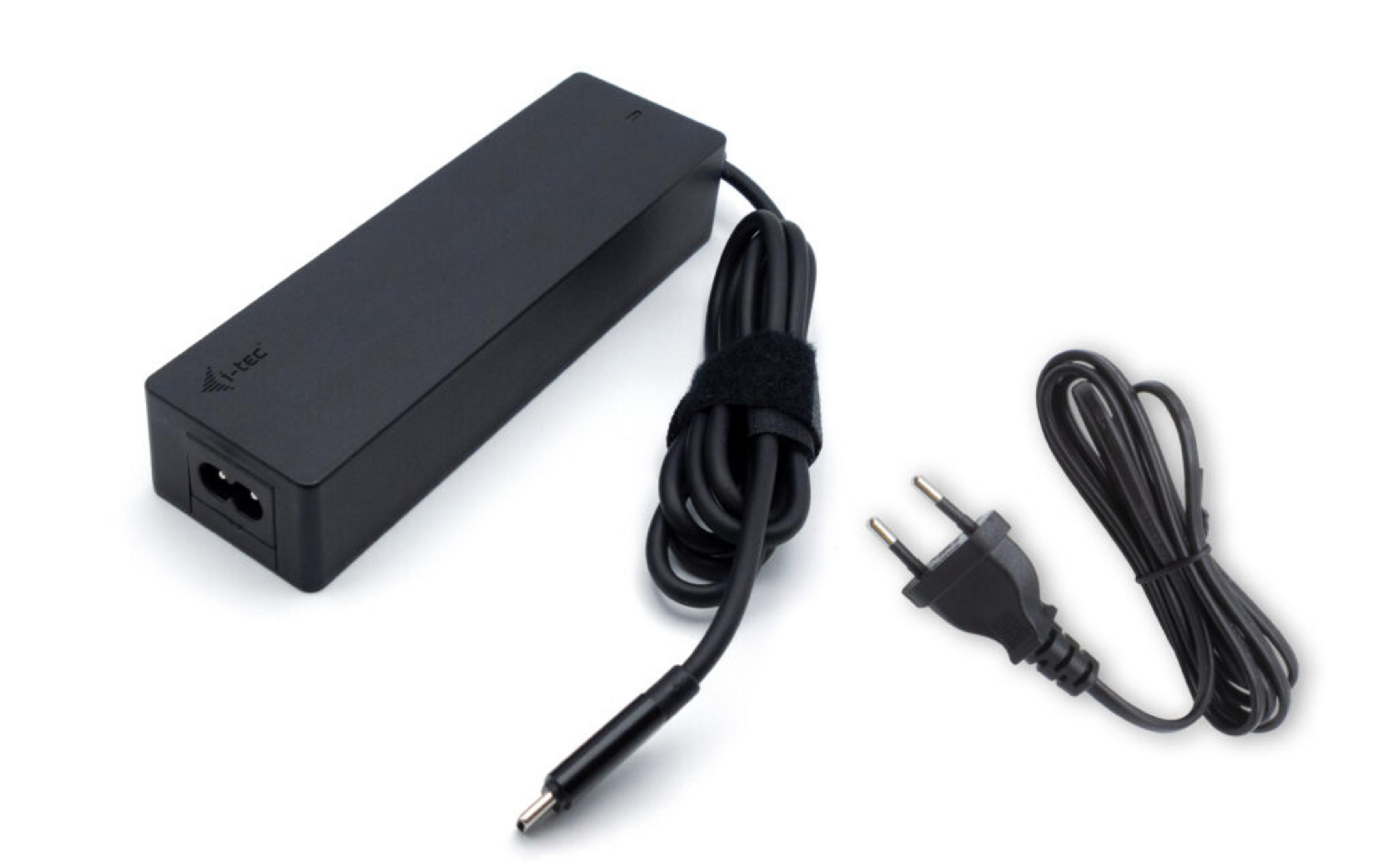 Alimentatore nero per laptop con cavo e spina.