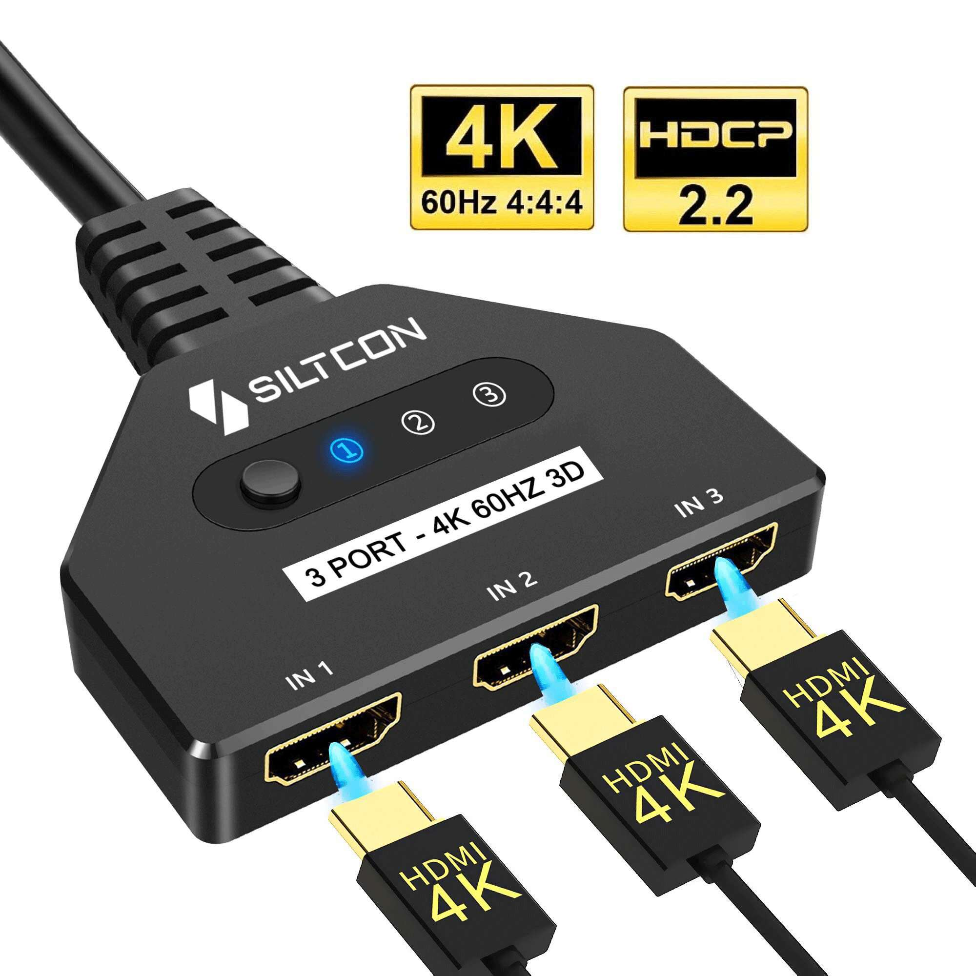 A black 3-port HDMI switch supporting 4K 60Hz and HDCP 2.2.