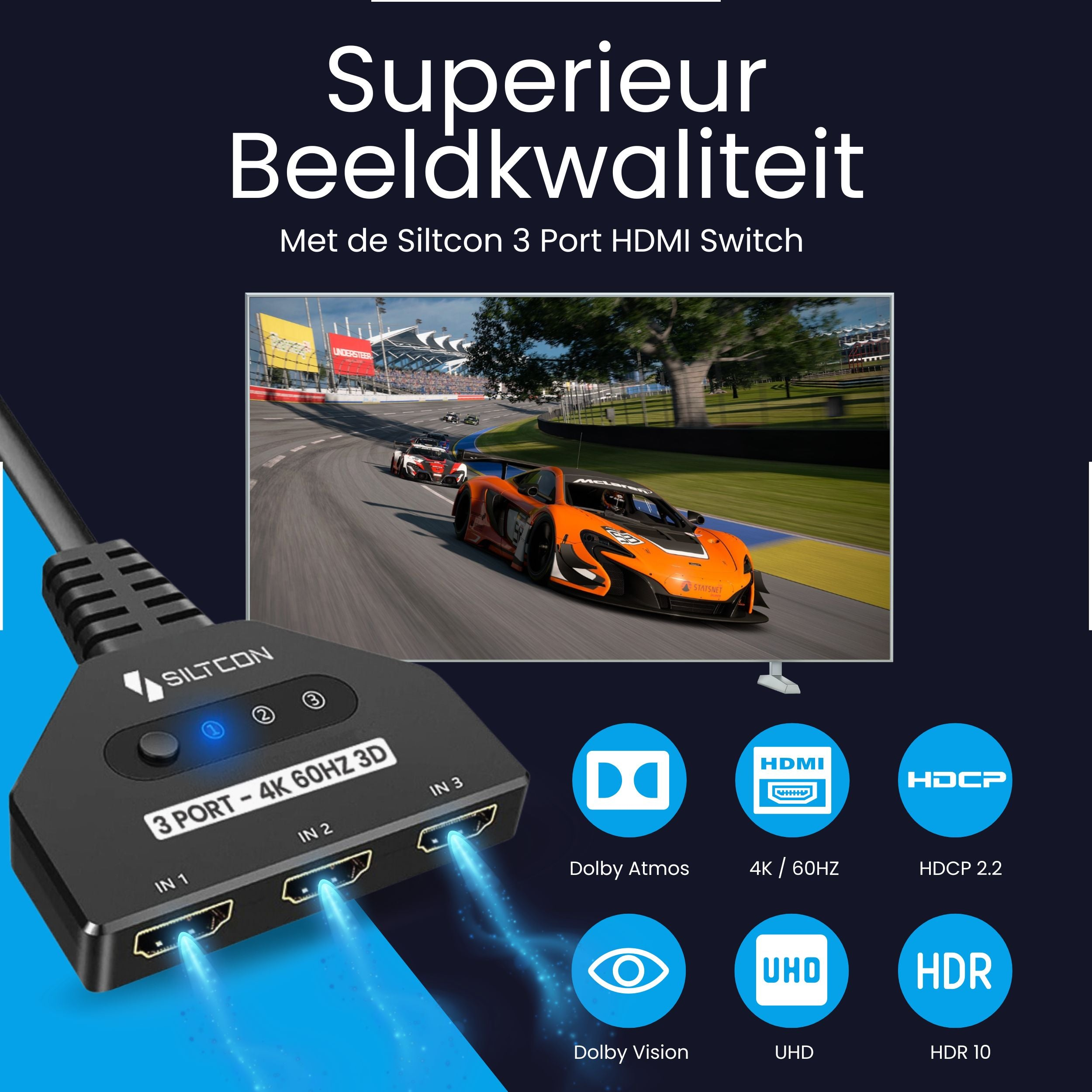 A 3-port HDMI switch with race cars in the background. Supports 4K 60Hz.
