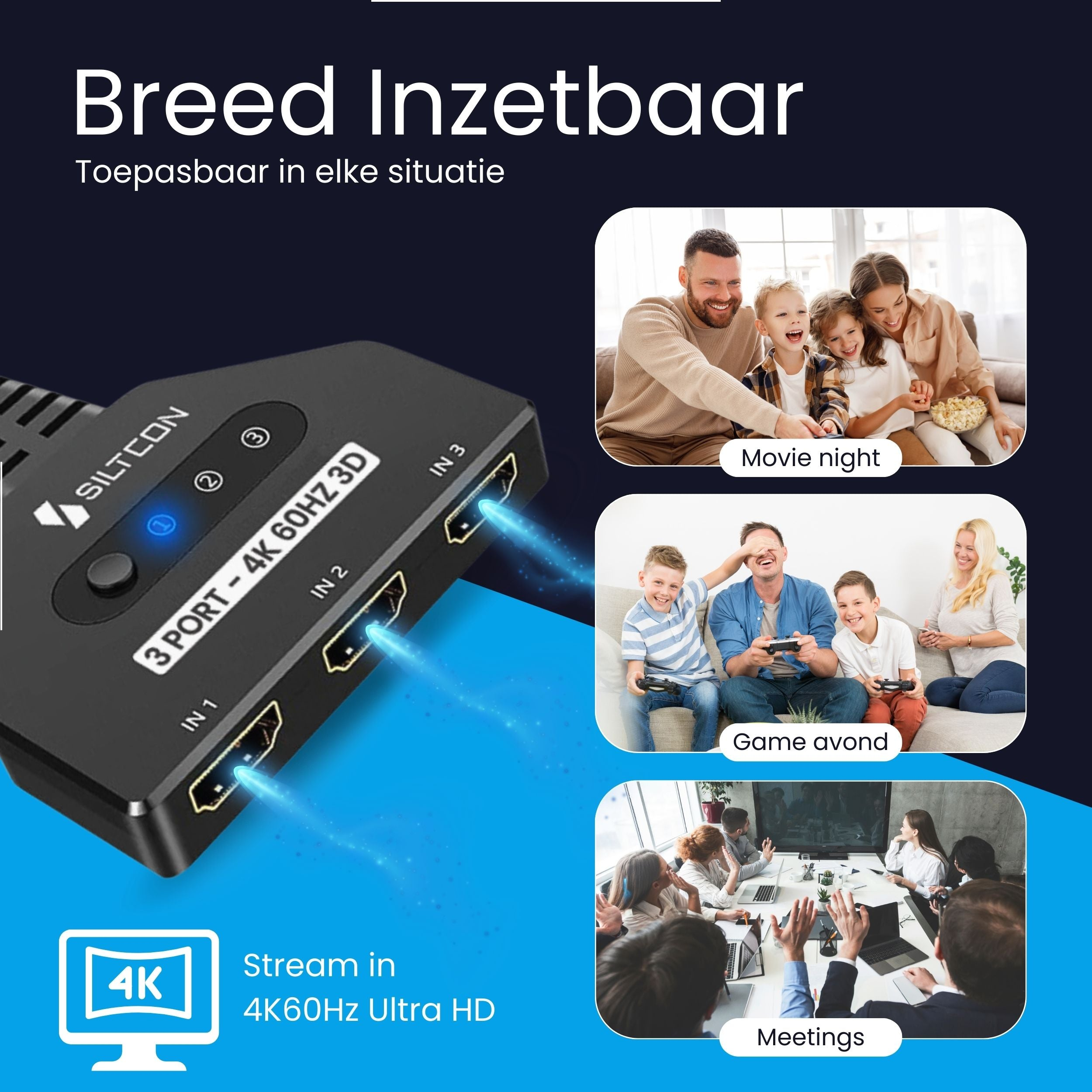 A 3-port 4K 60Hz 3D switch with HDMI inputs and a 4K streaming icon.