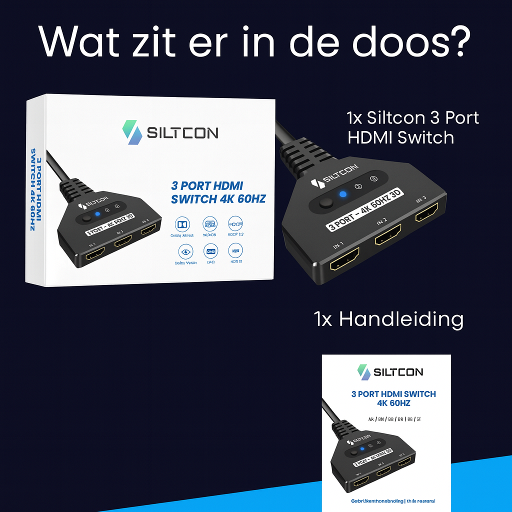 Box contents: Siltcon 3-Port HDMI Switch and manual, 4K 60Hz.