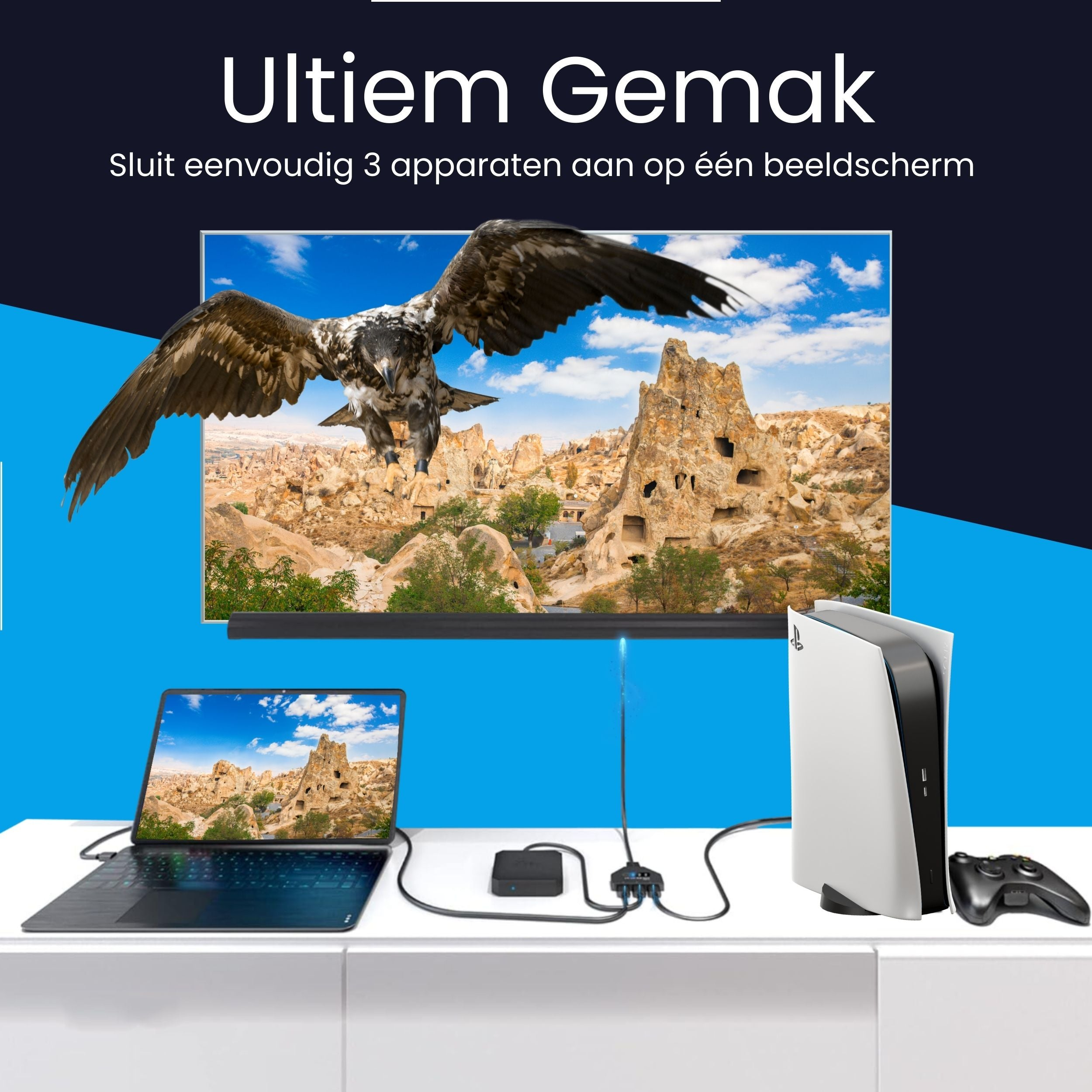 An eagle flies over rock formations; a laptop, console, and controller are nearby.