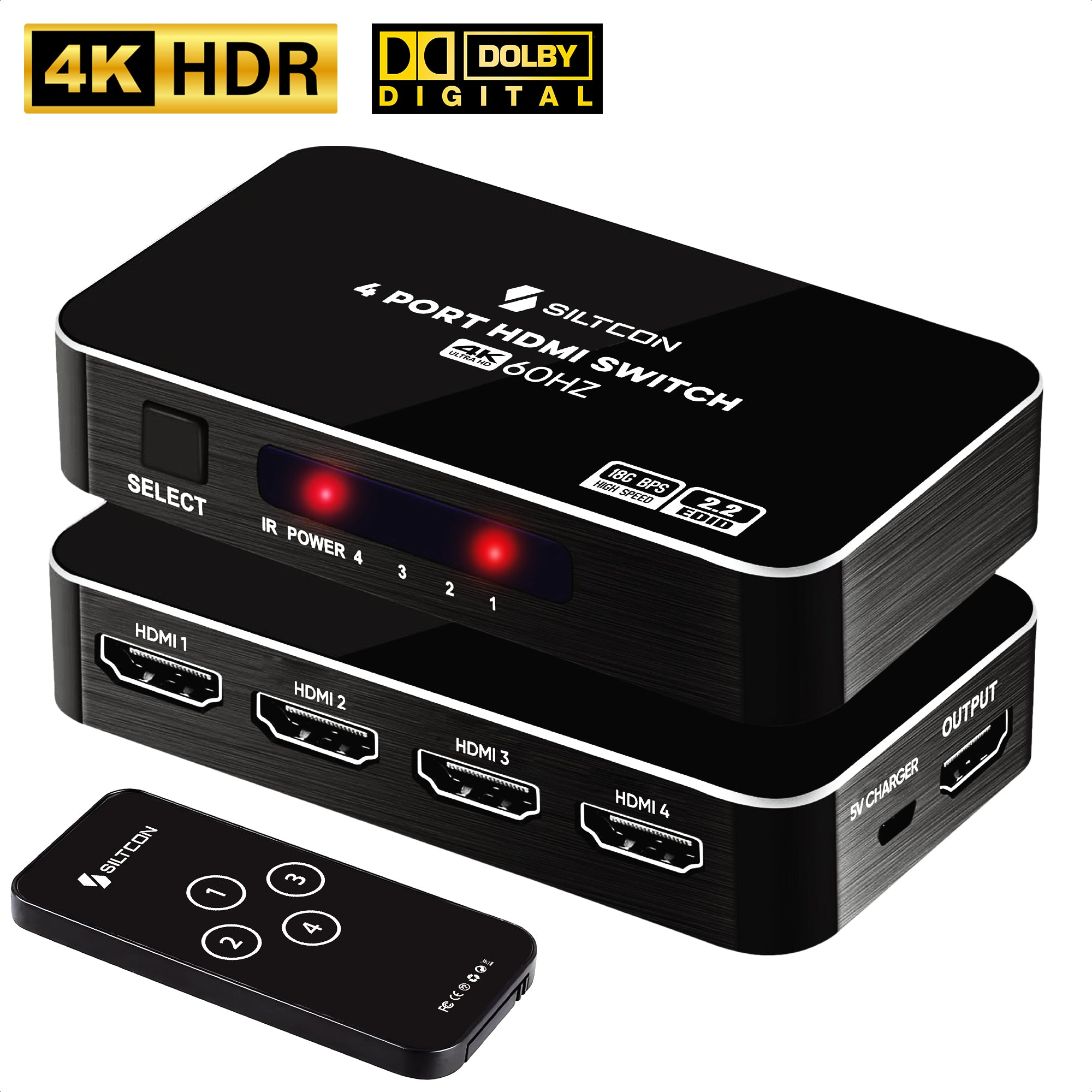 A black 4-port HDMI switch with remote, featuring 4K HDR capability.