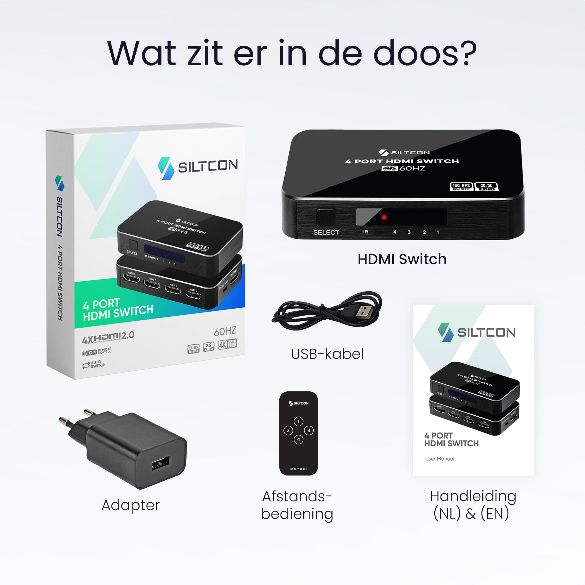 Box contents shown: HDMI switch, USB cable, adapter, remote, manual.