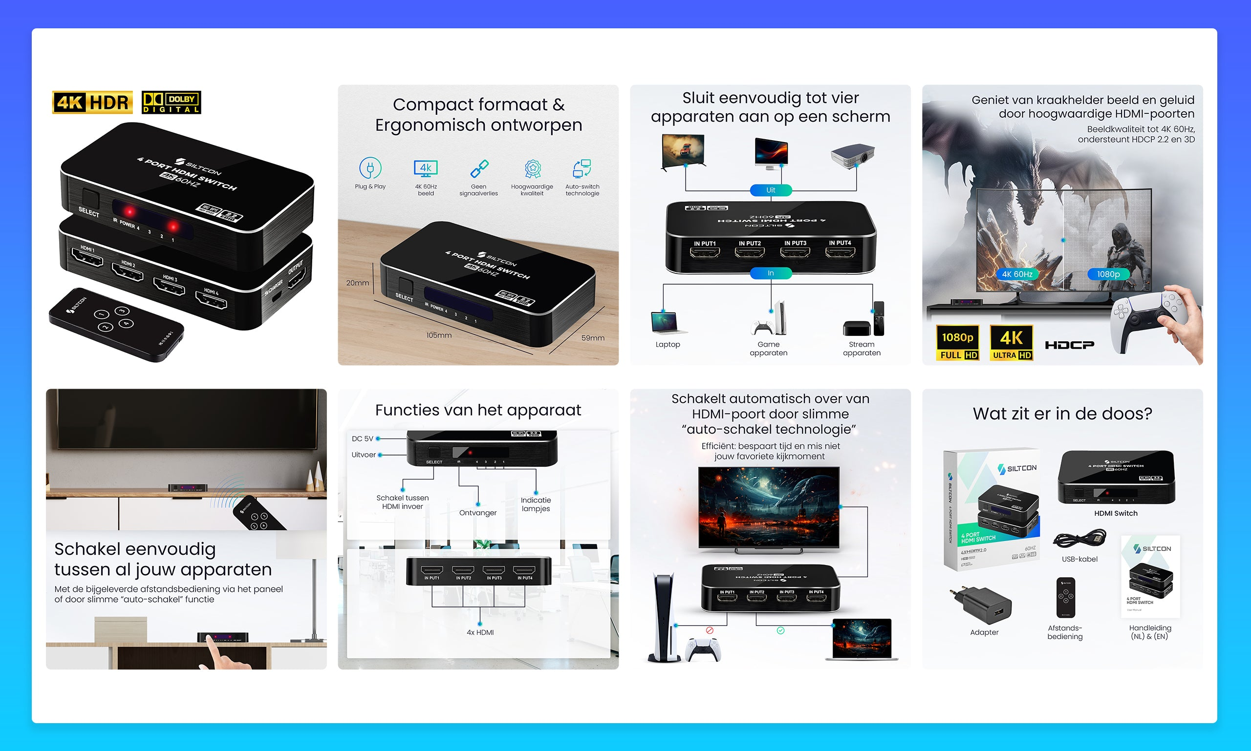 A black 4-port HDMI switch with remote, supporting 4K 60Hz resolution.