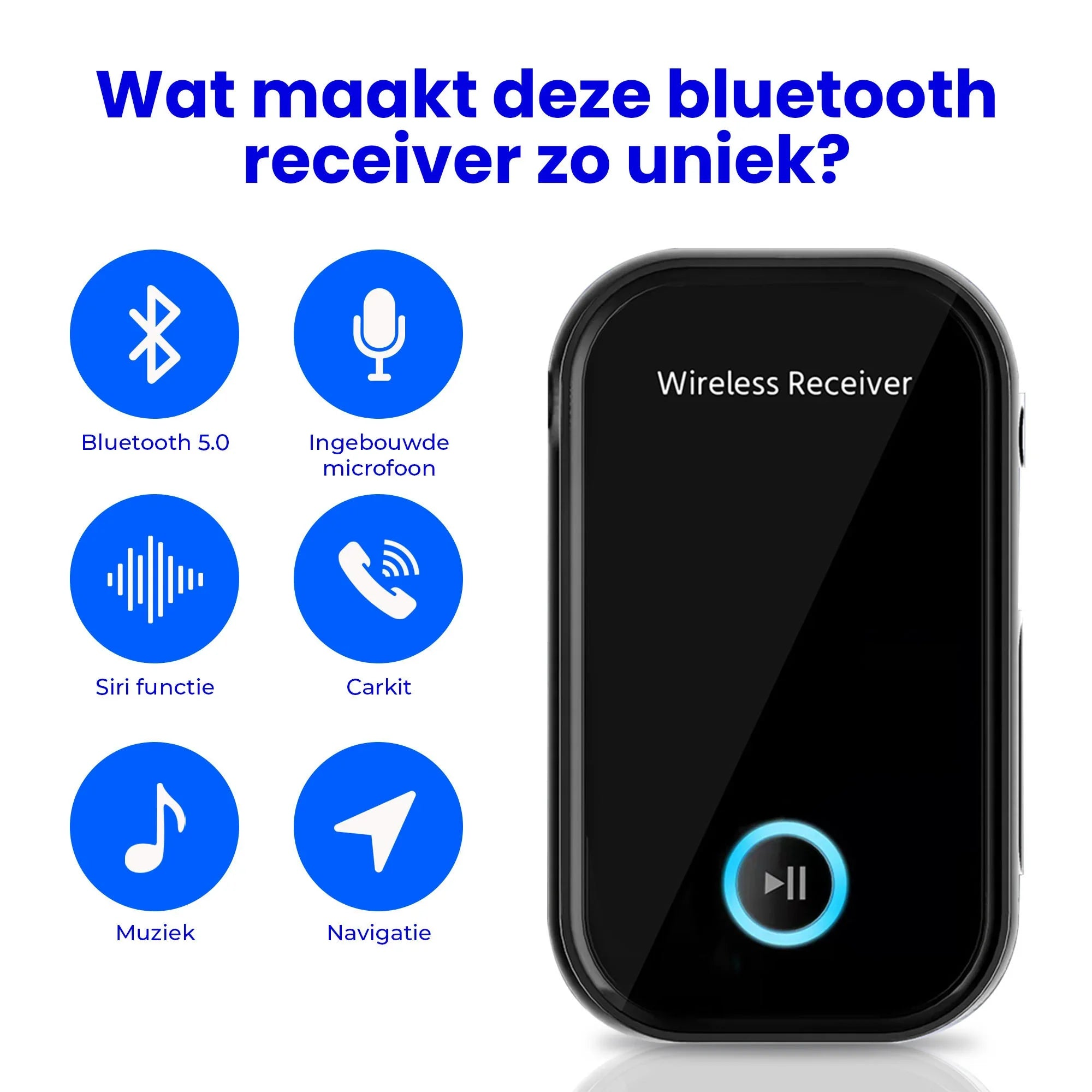 A black Bluetooth receiver displaying icons for music, hands-free, and navigation.