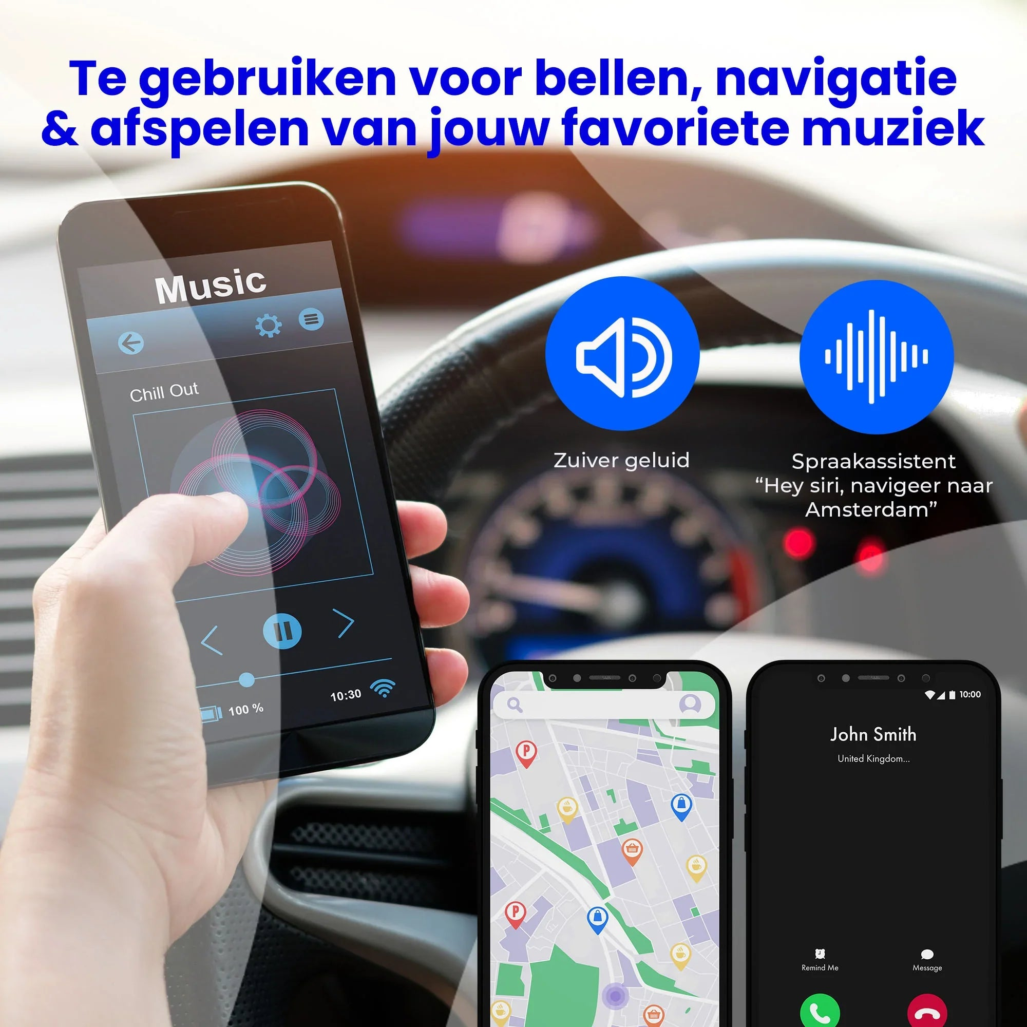A phone displays music, navigation, and calls inside a car.